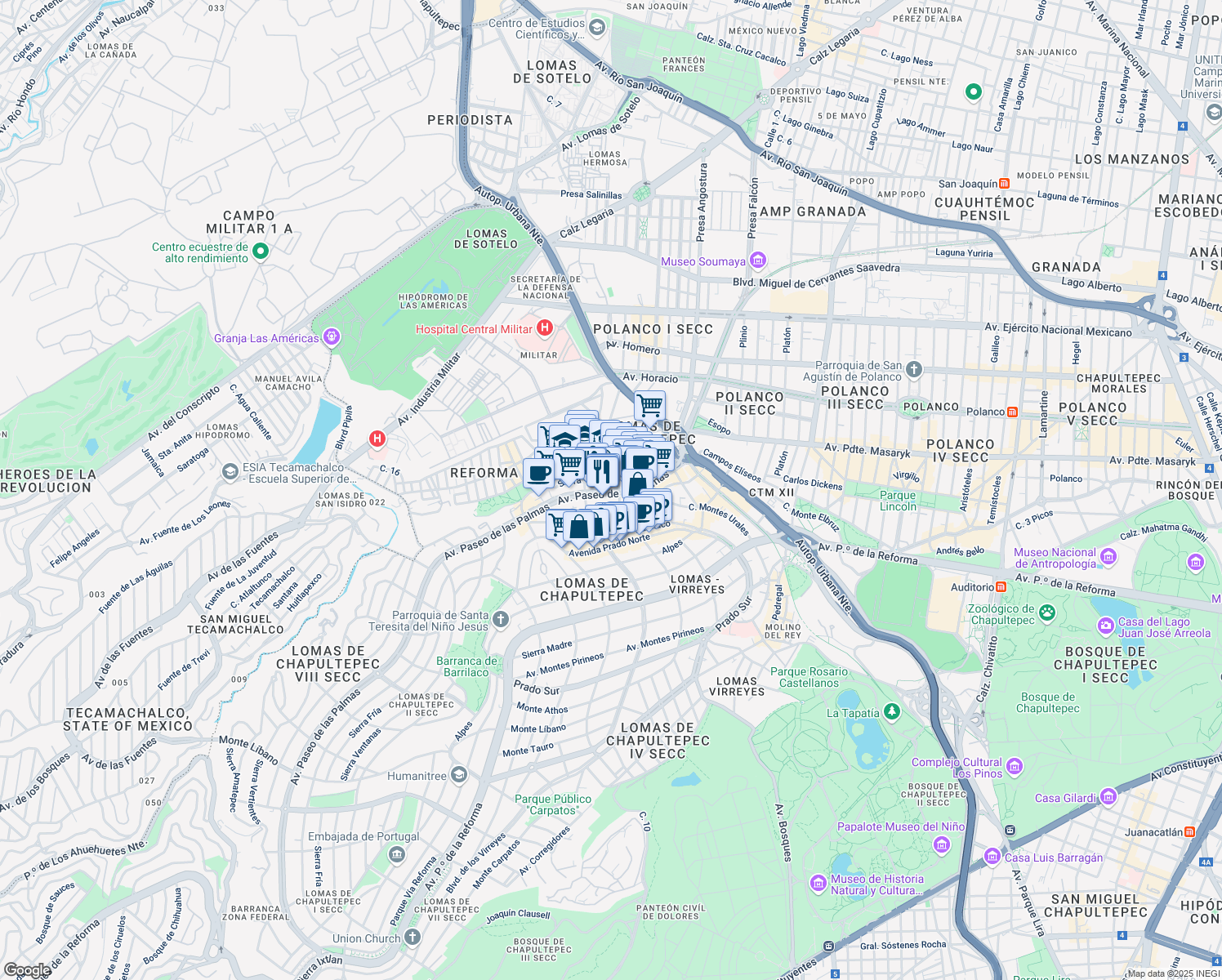 map of restaurants, bars, coffee shops, grocery stores, and more near 525 Avenida Paseo de las Palmas in Ciudad de México