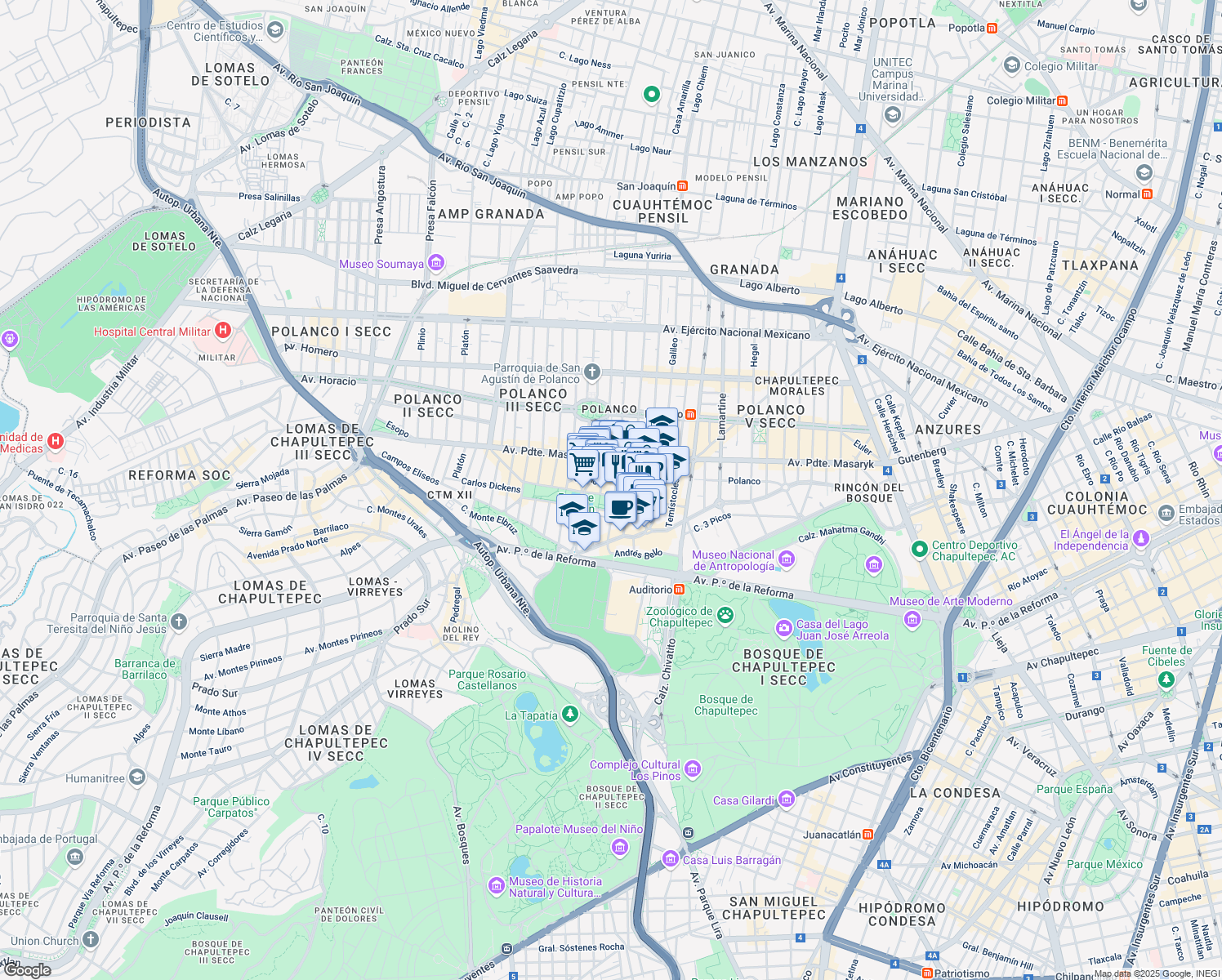 map of restaurants, bars, coffee shops, grocery stores, and more near 75 Avenida Emilio Castelar in Ciudad de México
