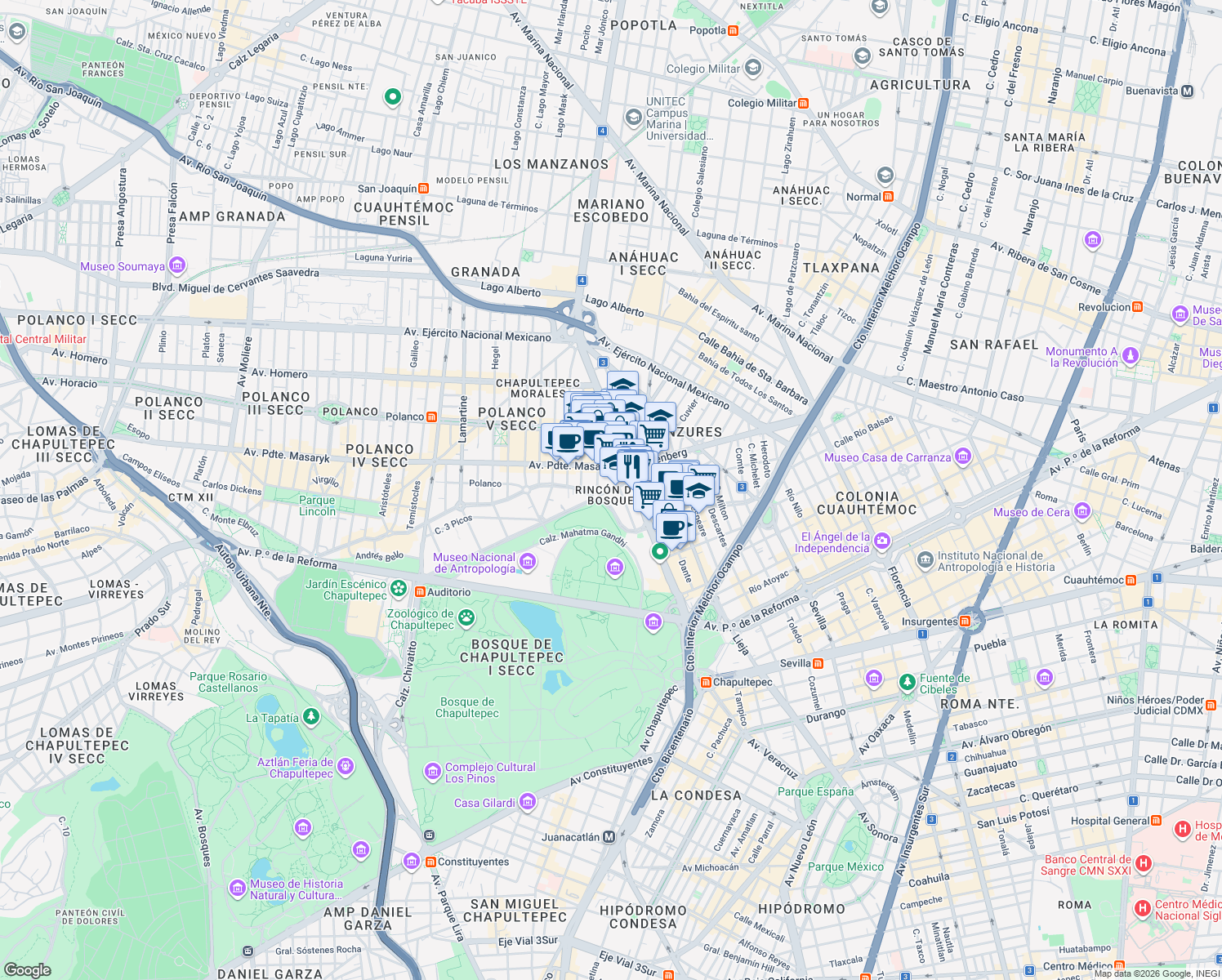 map of restaurants, bars, coffee shops, grocery stores, and more near 115 Rubén Darío in Ciudad de México
