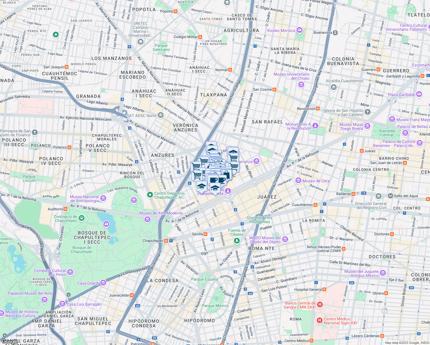 map of restaurants, bars, coffee shops, grocery stores, and more near 75a Calle Río Tiber in Ciudad de México