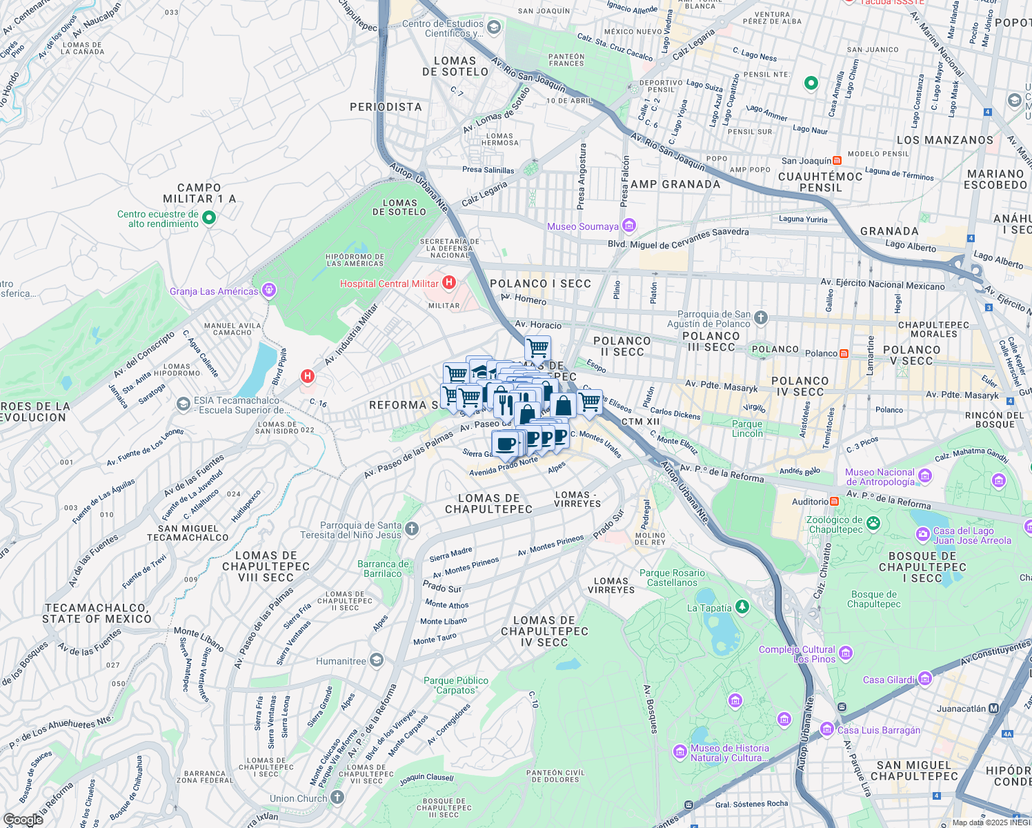 map of restaurants, bars, coffee shops, grocery stores, and more near 425 Avenida Paseo de las Palmas in Ciudad de México