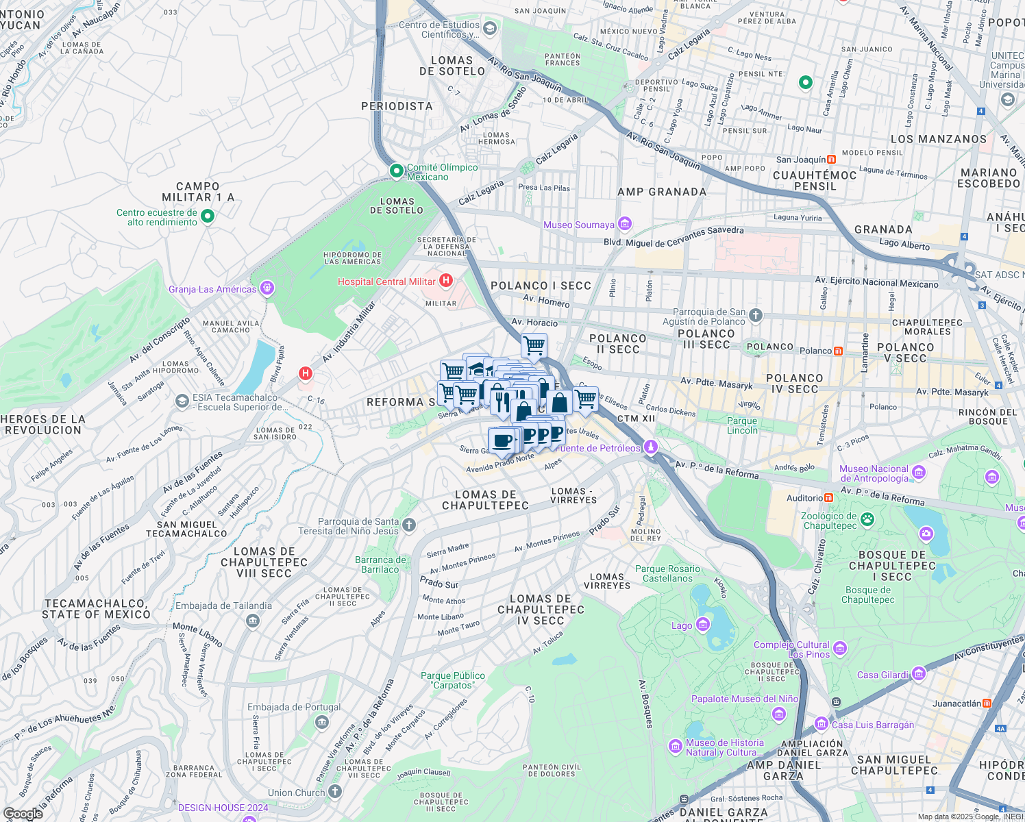 map of restaurants, bars, coffee shops, grocery stores, and more near 425 Avenida Paseo de las Palmas in Ciudad de México