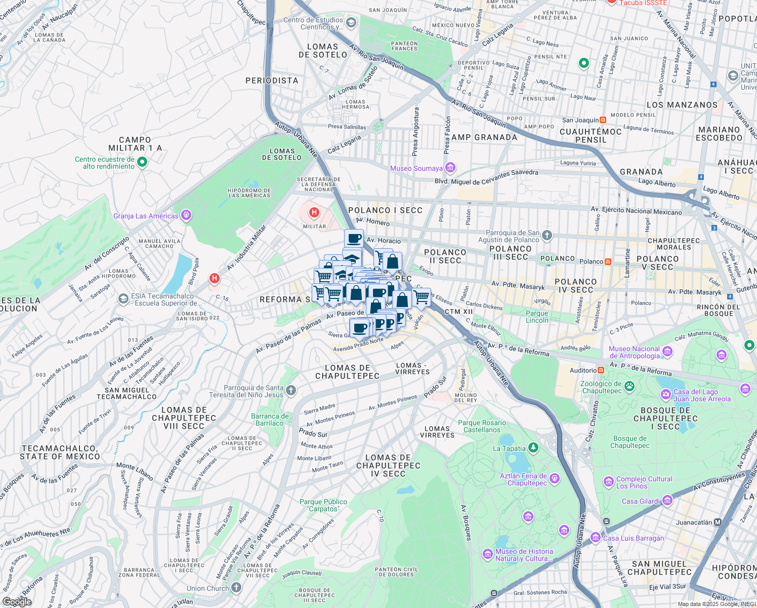 map of restaurants, bars, coffee shops, grocery stores, and more near 275 Avenida Paseo de las Palmas in Ciudad de México