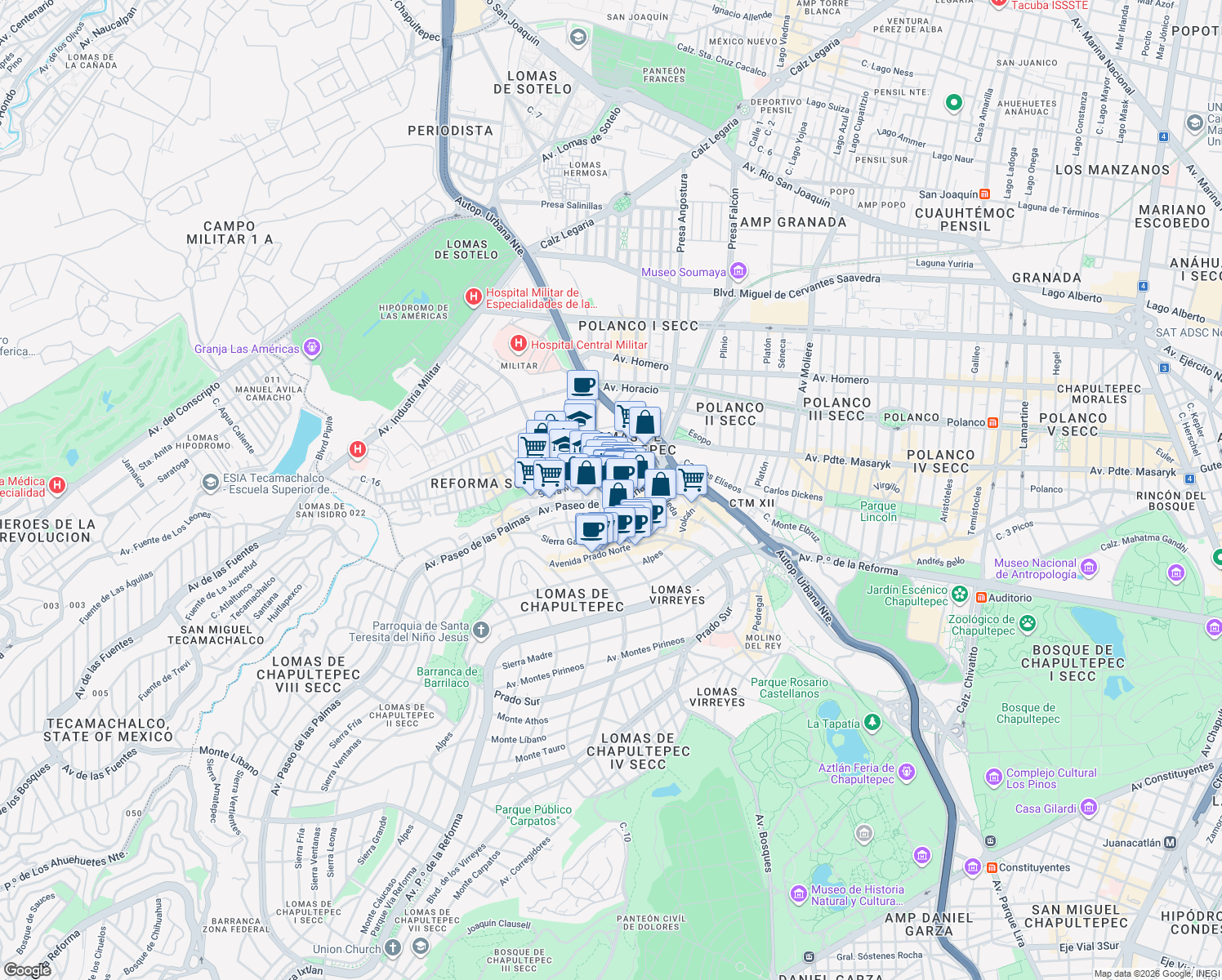 map of restaurants, bars, coffee shops, grocery stores, and more near 405 Avenida Paseo de las Palmas in Ciudad de México