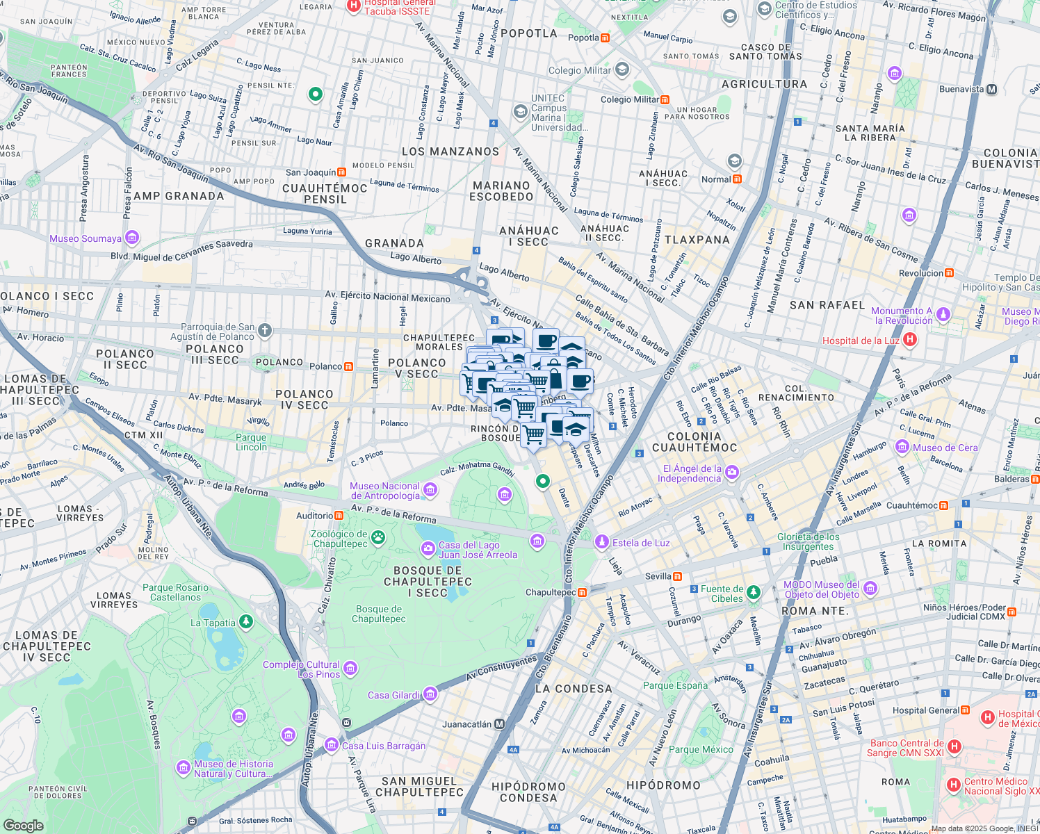 map of restaurants, bars, coffee shops, grocery stores, and more near 526 General Mariano Escobedo in Ciudad de México