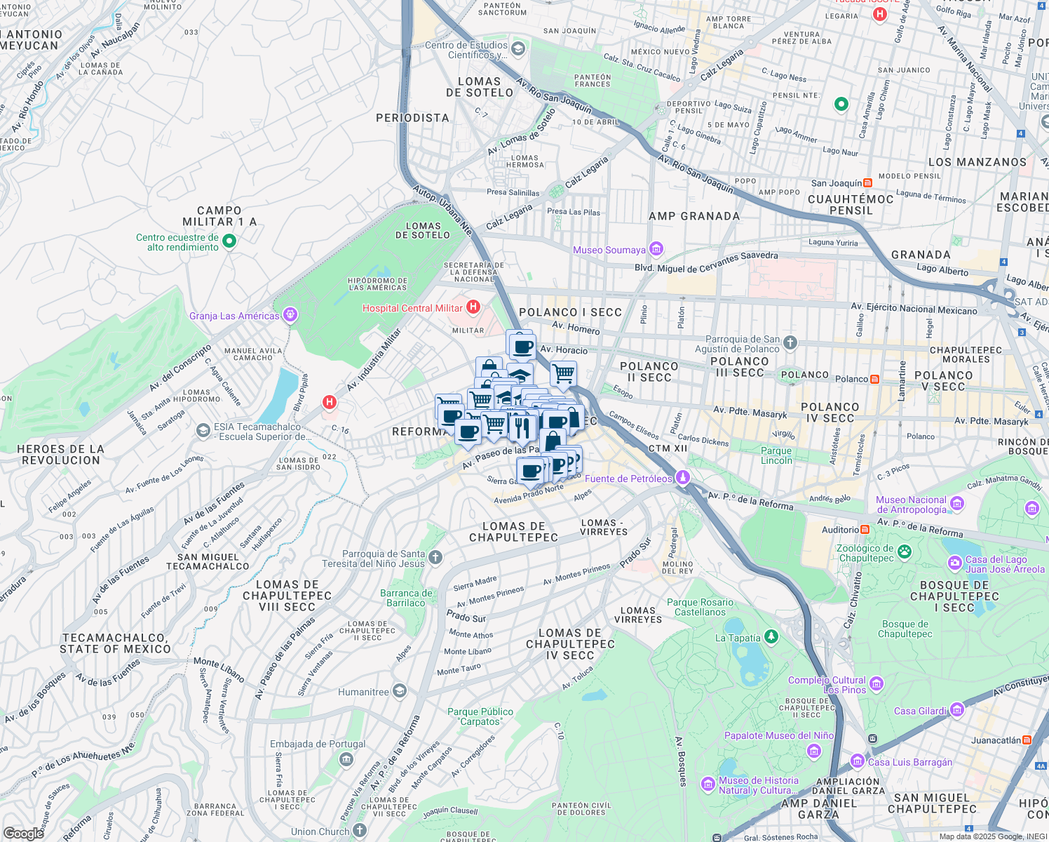 map of restaurants, bars, coffee shops, grocery stores, and more near 64 Avenida Paseo de la Reforma in Mexico City
