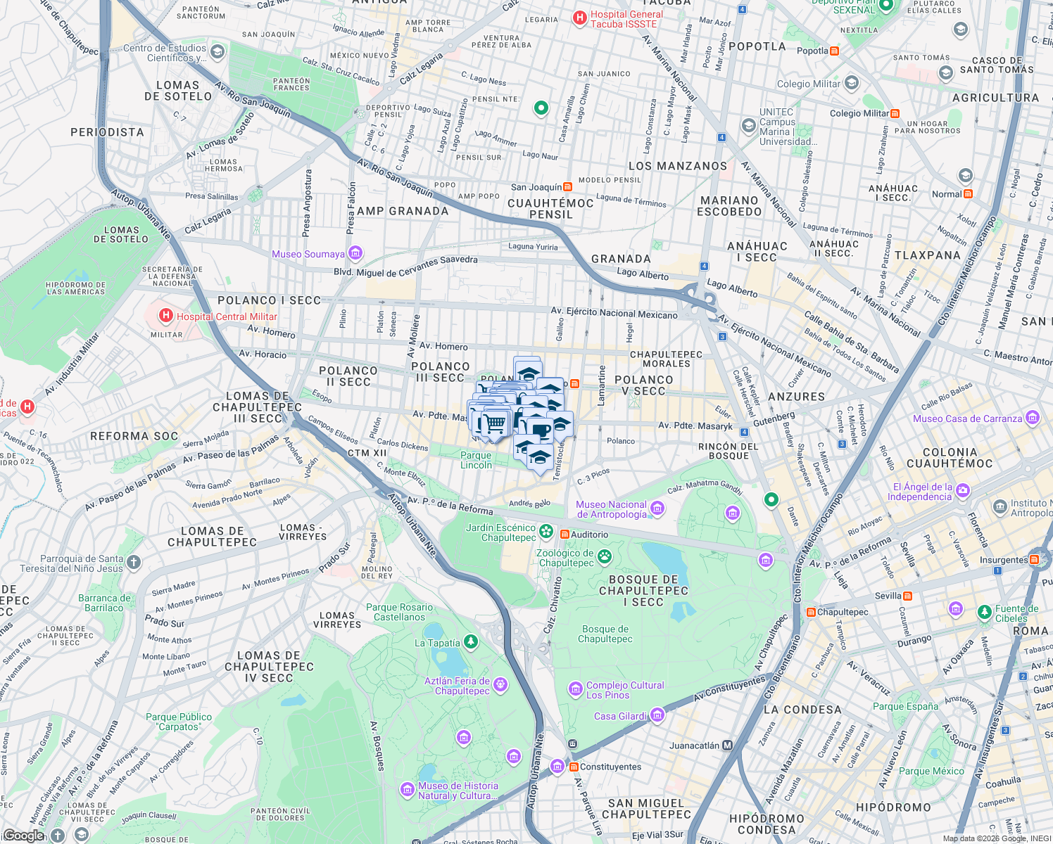 map of restaurants, bars, coffee shops, grocery stores, and more near Avenida Presidente Masaryk in Ciudad de México