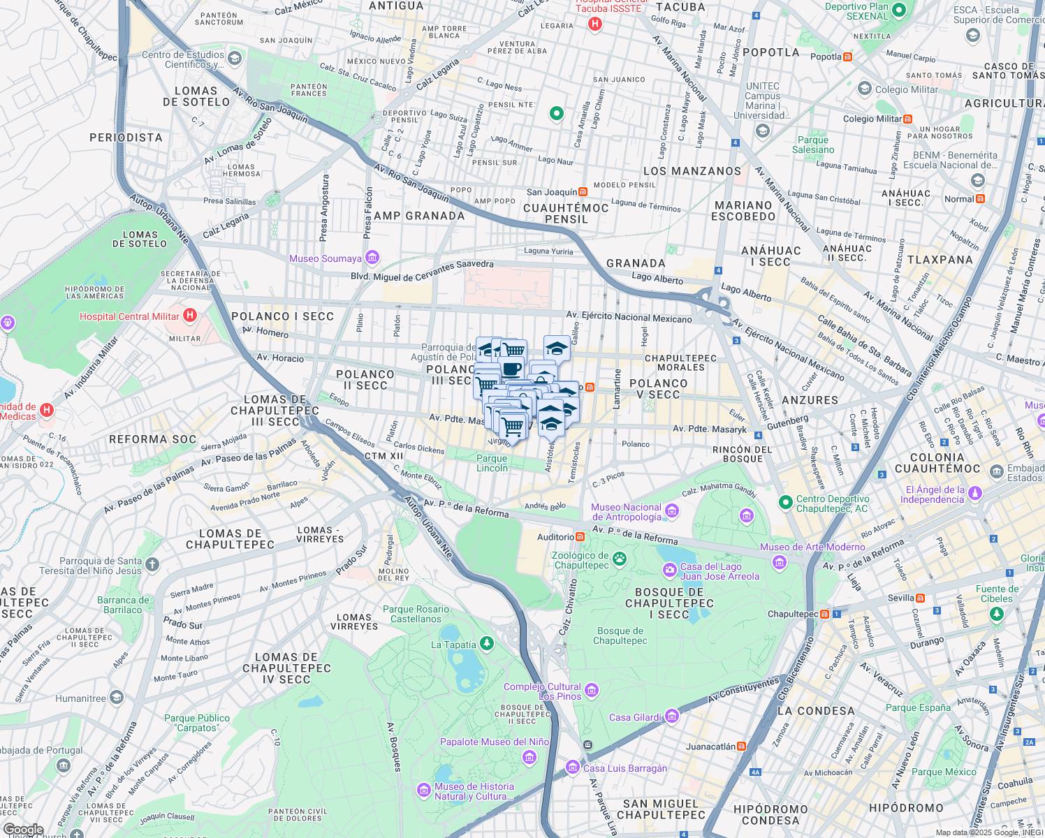 map of restaurants, bars, coffee shops, grocery stores, and more near 123 Alejandro Dumas in Ciudad de México