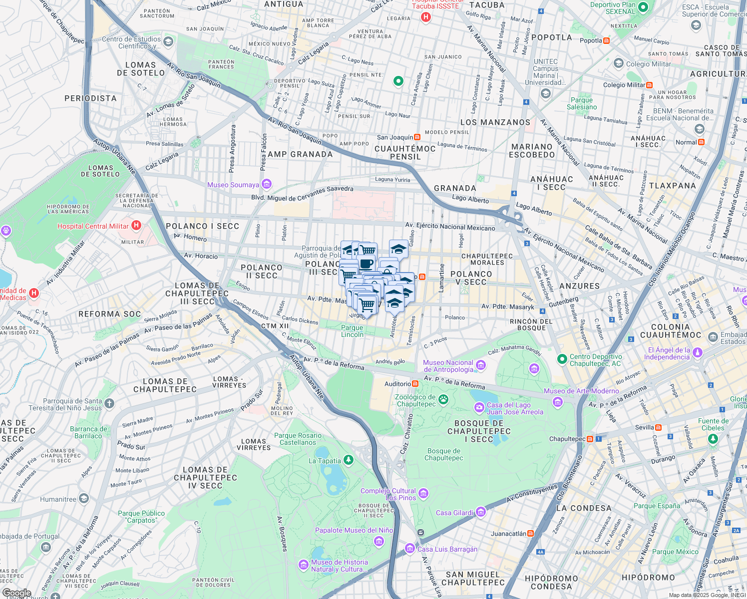 map of restaurants, bars, coffee shops, grocery stores, and more near 123 Alejandro Dumas in Ciudad de México