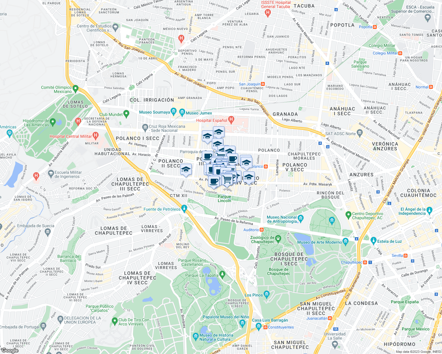 map of restaurants, bars, coffee shops, grocery stores, and more near 120 Anatole France in Ciudad de México