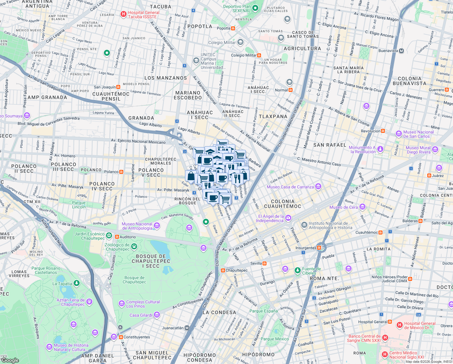 map of restaurants, bars, coffee shops, grocery stores, and more near Gutenberg in Ciudad de México