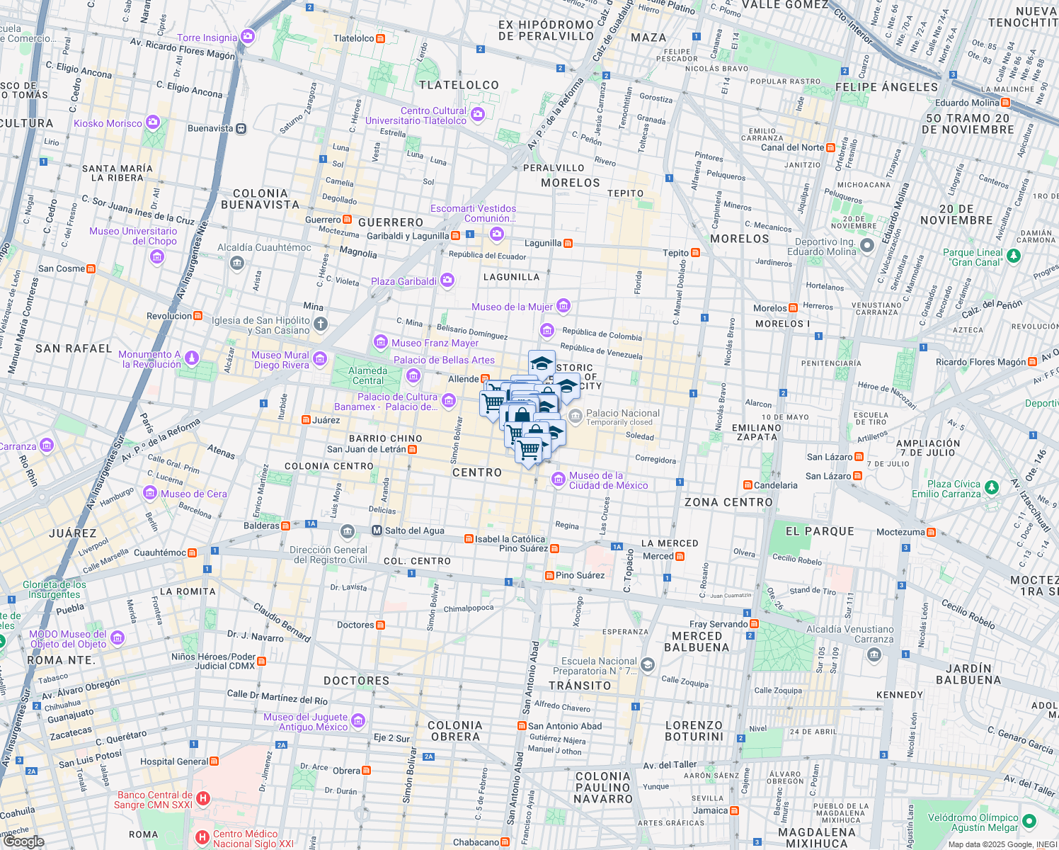 map of restaurants, bars, coffee shops, grocery stores, and more near 2 Plaza de la Constitución in Mexico City