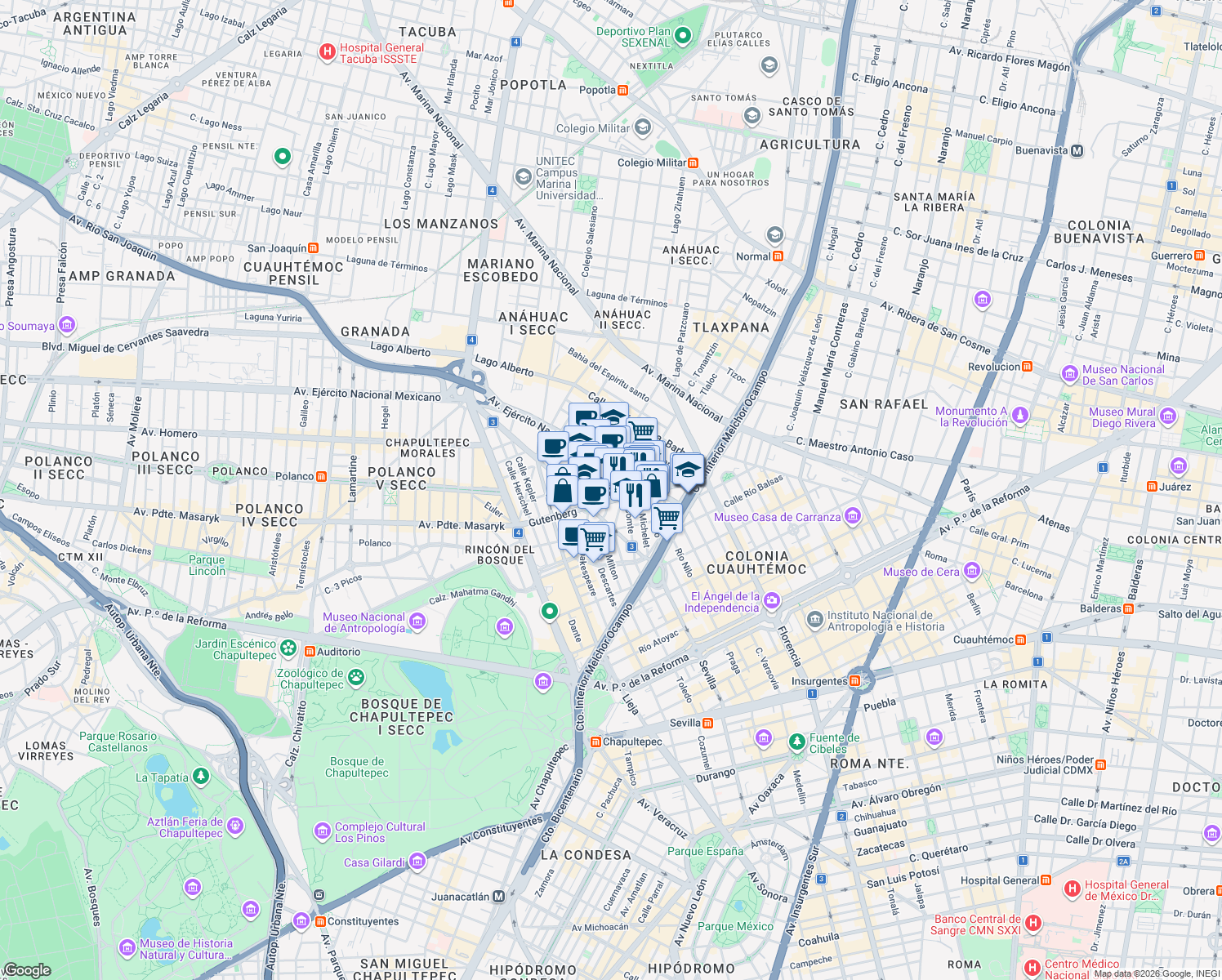 map of restaurants, bars, coffee shops, grocery stores, and more near Bécquer in Ciudad de México