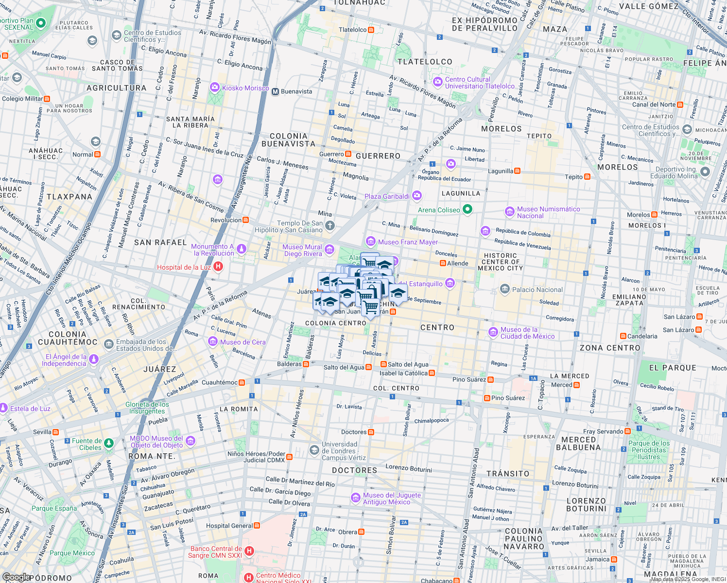 map of restaurants, bars, coffee shops, grocery stores, and more near Avenida Independencia in Mexico City