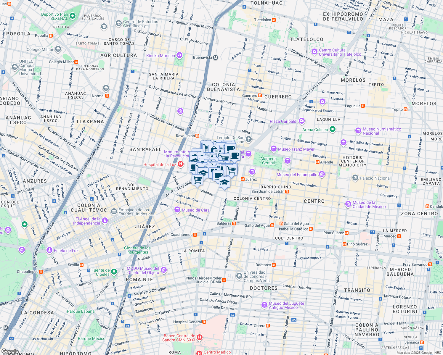 map of restaurants, bars, coffee shops, grocery stores, and more near 35 Bucareli in Ciudad de México