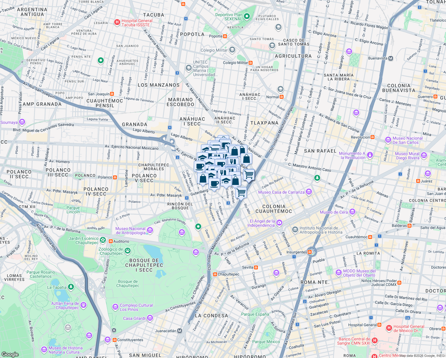 map of restaurants, bars, coffee shops, grocery stores, and more near Bécquer in Ciudad de México