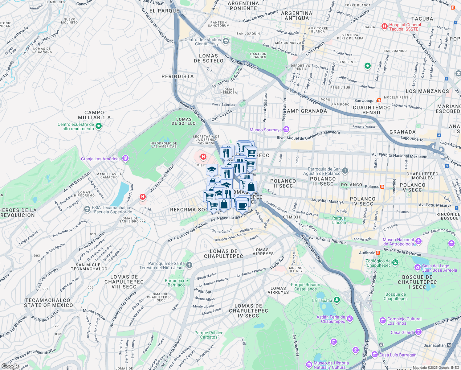 map of restaurants, bars, coffee shops, grocery stores, and more near 22 Cerrada Palomas in Ciudad de México
