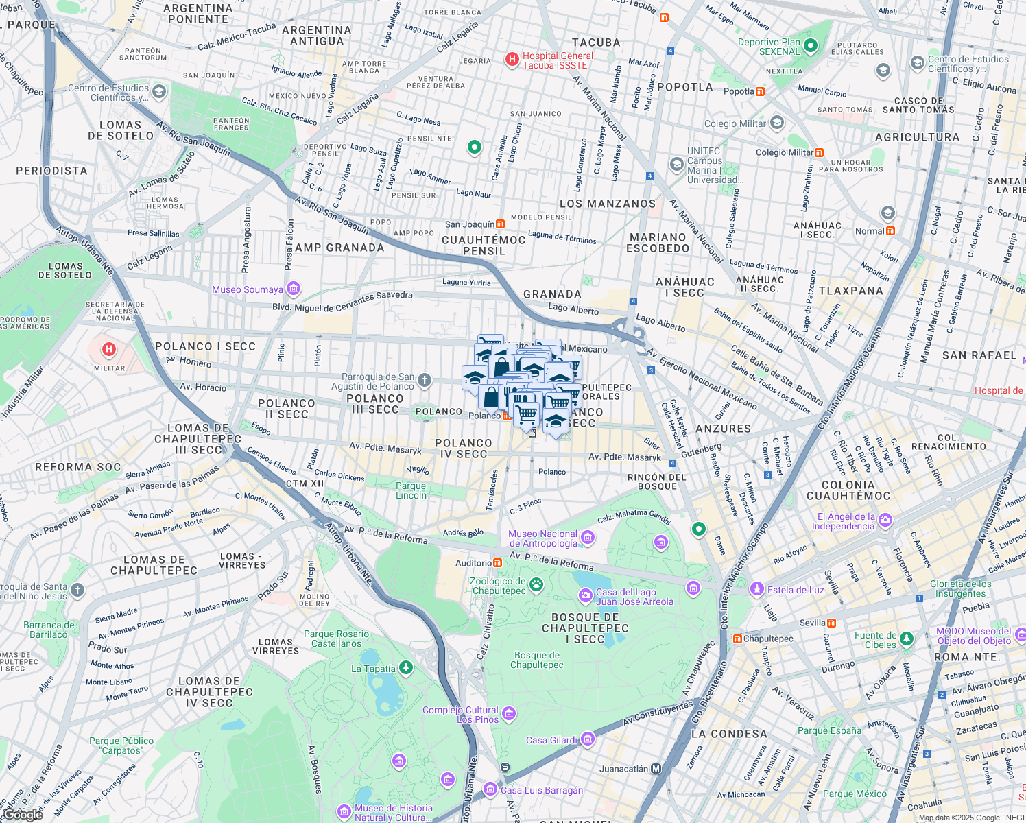 map of restaurants, bars, coffee shops, grocery stores, and more near 138 Arquímedes in Mexico City