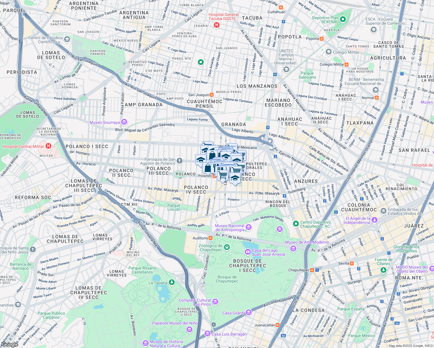 map of restaurants, bars, coffee shops, grocery stores, and more near 138 Arquímedes in Mexico City