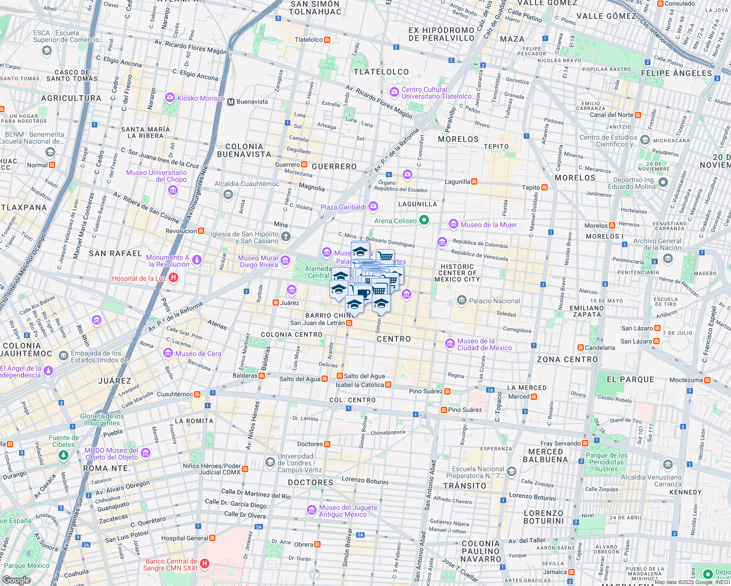 map of restaurants, bars, coffee shops, grocery stores, and more near 2 Avenida Francisco I. Madero in Ciudad de México