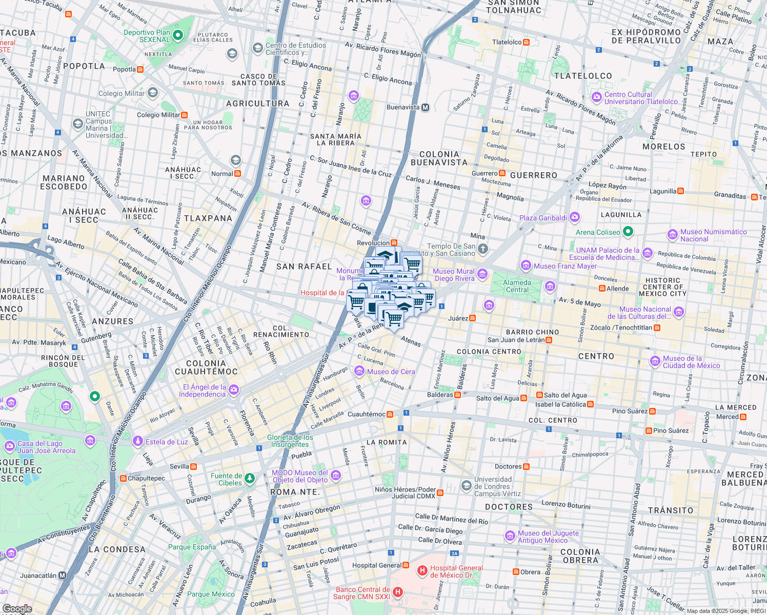 map of restaurants, bars, coffee shops, grocery stores, and more near 19 Calle Maestro Antonio Caso in Ciudad de México