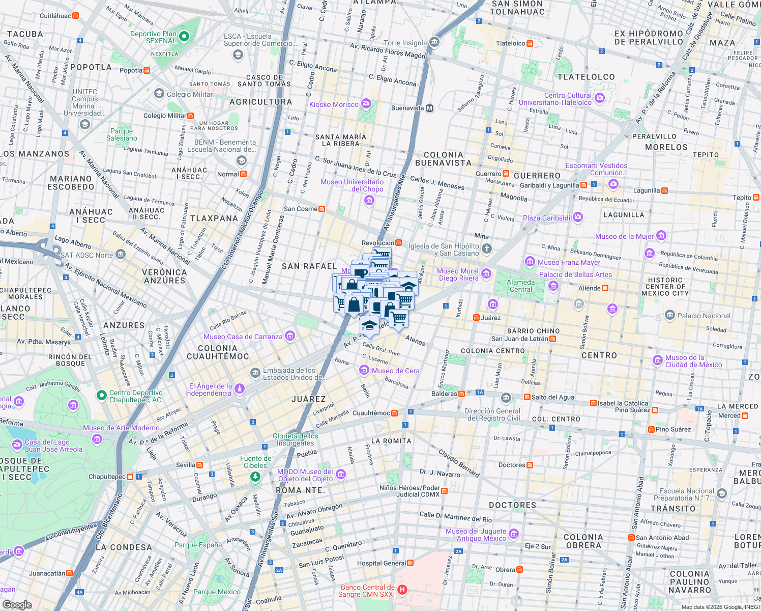 map of restaurants, bars, coffee shops, grocery stores, and more near 40 Ignacio L. Vallarta in Ciudad de México