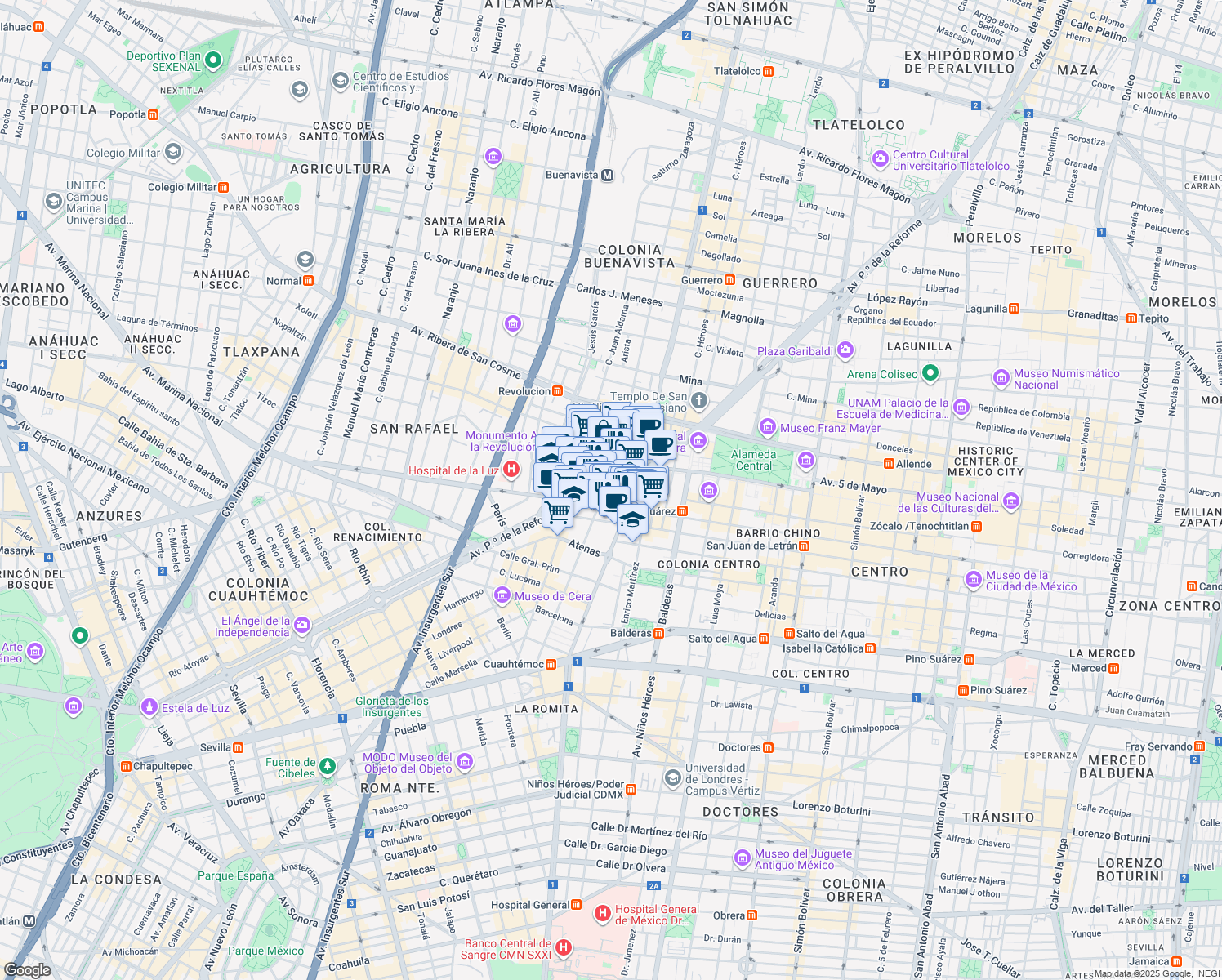 map of restaurants, bars, coffee shops, grocery stores, and more near 26 Avenida Paseo de la Reforma in Ciudad de México