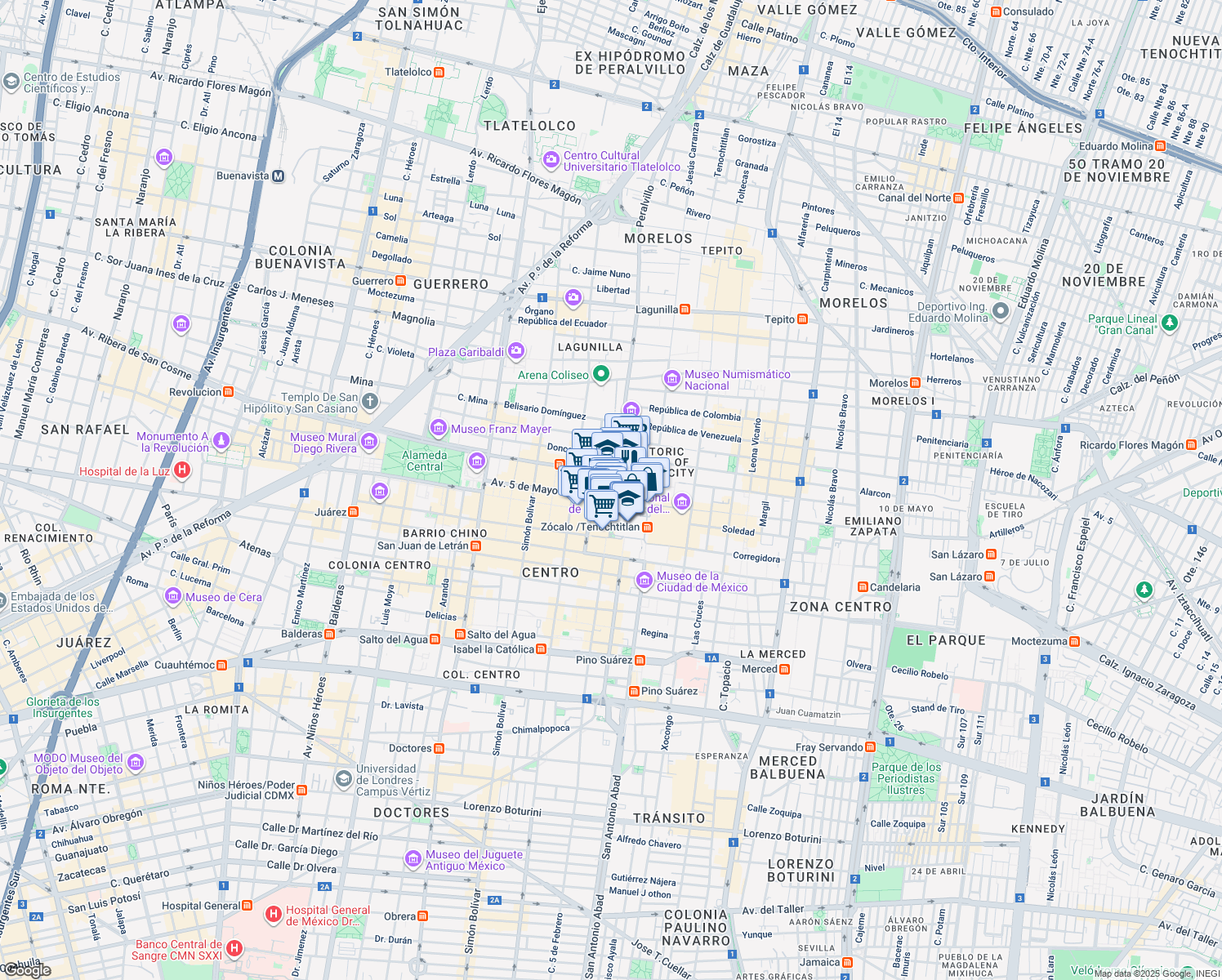map of restaurants, bars, coffee shops, grocery stores, and more near 7 Calle Monte de Piedad in Centro