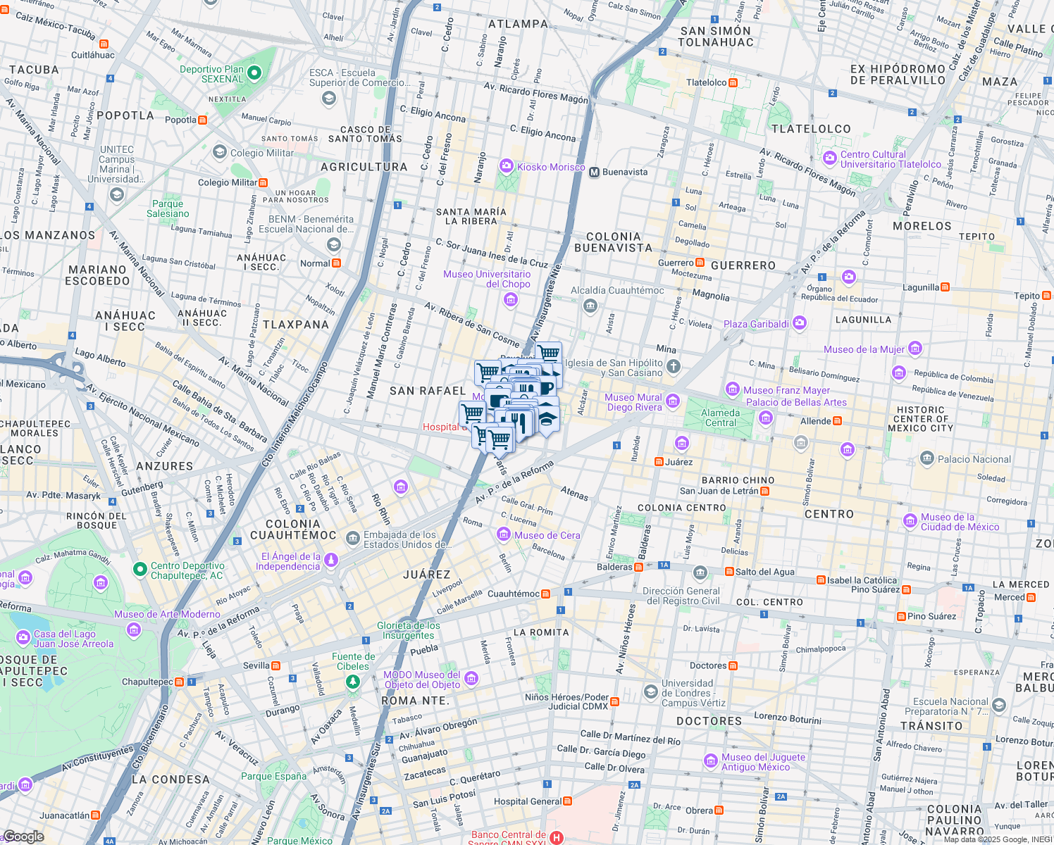 map of restaurants, bars, coffee shops, grocery stores, and more near 40 Ignacio L. Vallarta in Ciudad de México