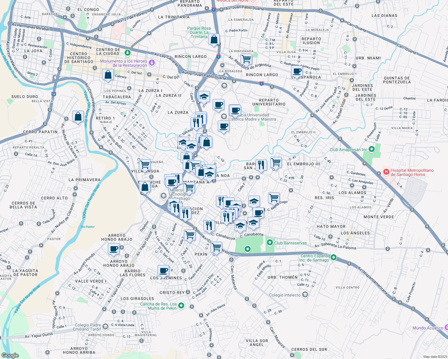 map of restaurants, bars, coffee shops, grocery stores, and more near Avenida Penetracion Villa olimpica in Santiago De Los Caballeros