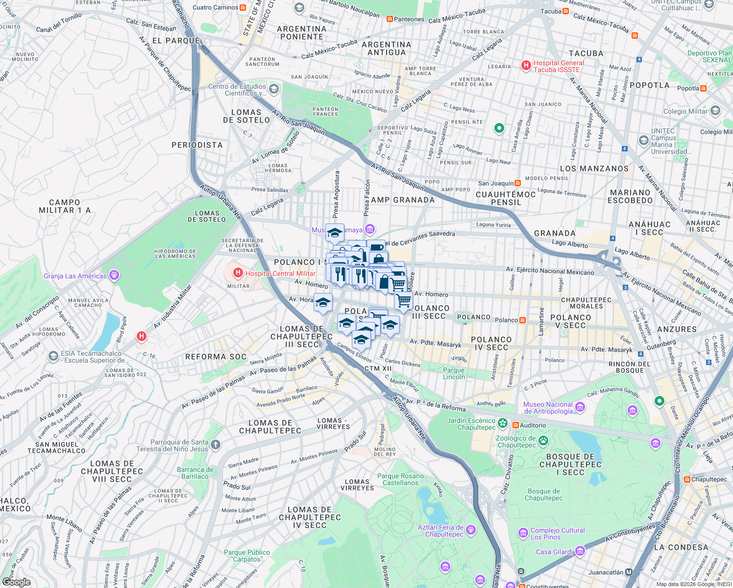 map of restaurants, bars, coffee shops, grocery stores, and more near 1500 Avenida Homero in Ciudad de México