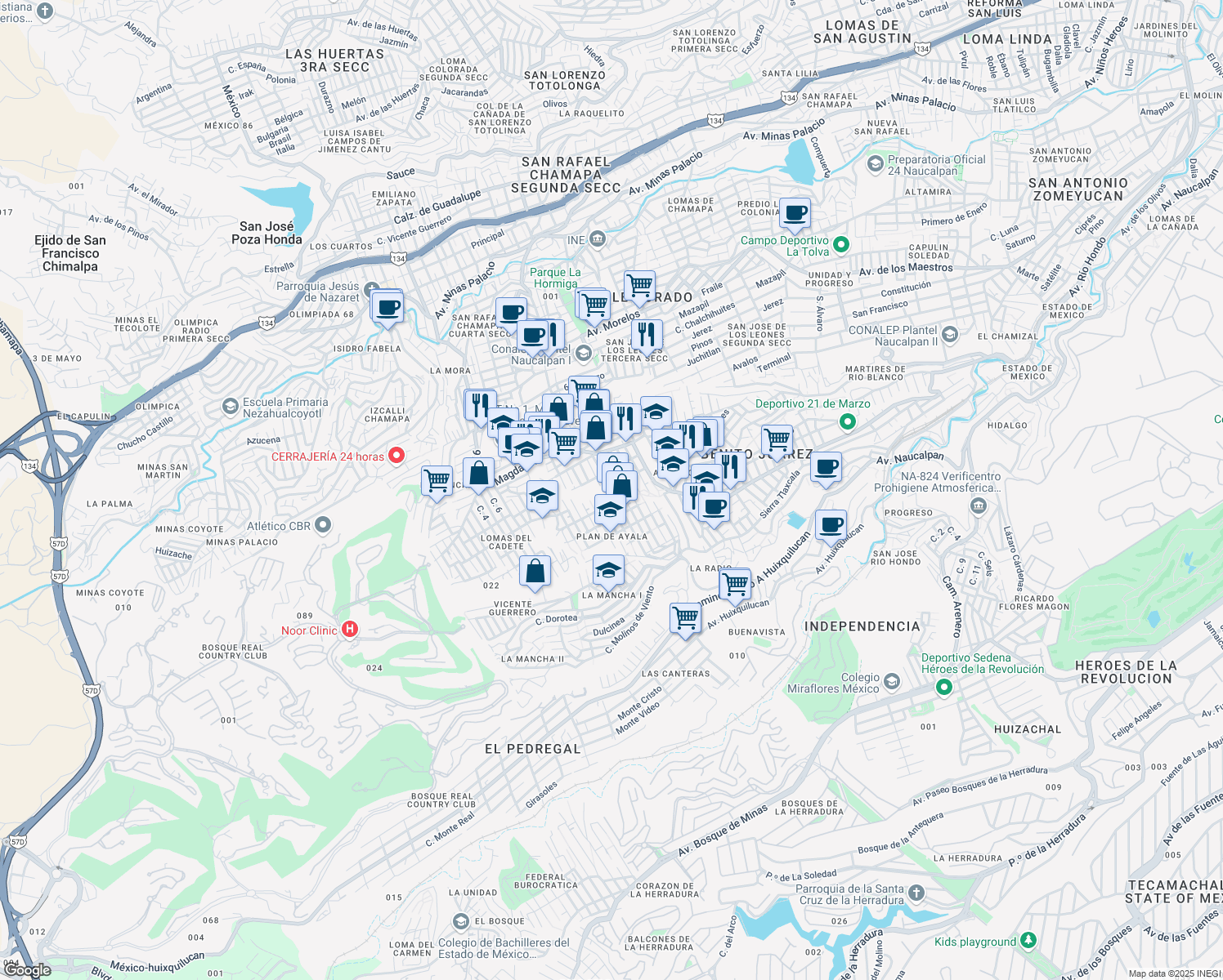 map of restaurants, bars, coffee shops, grocery stores, and more near 120 Calle Primero de Mayo in Naucalpan de Juárez
