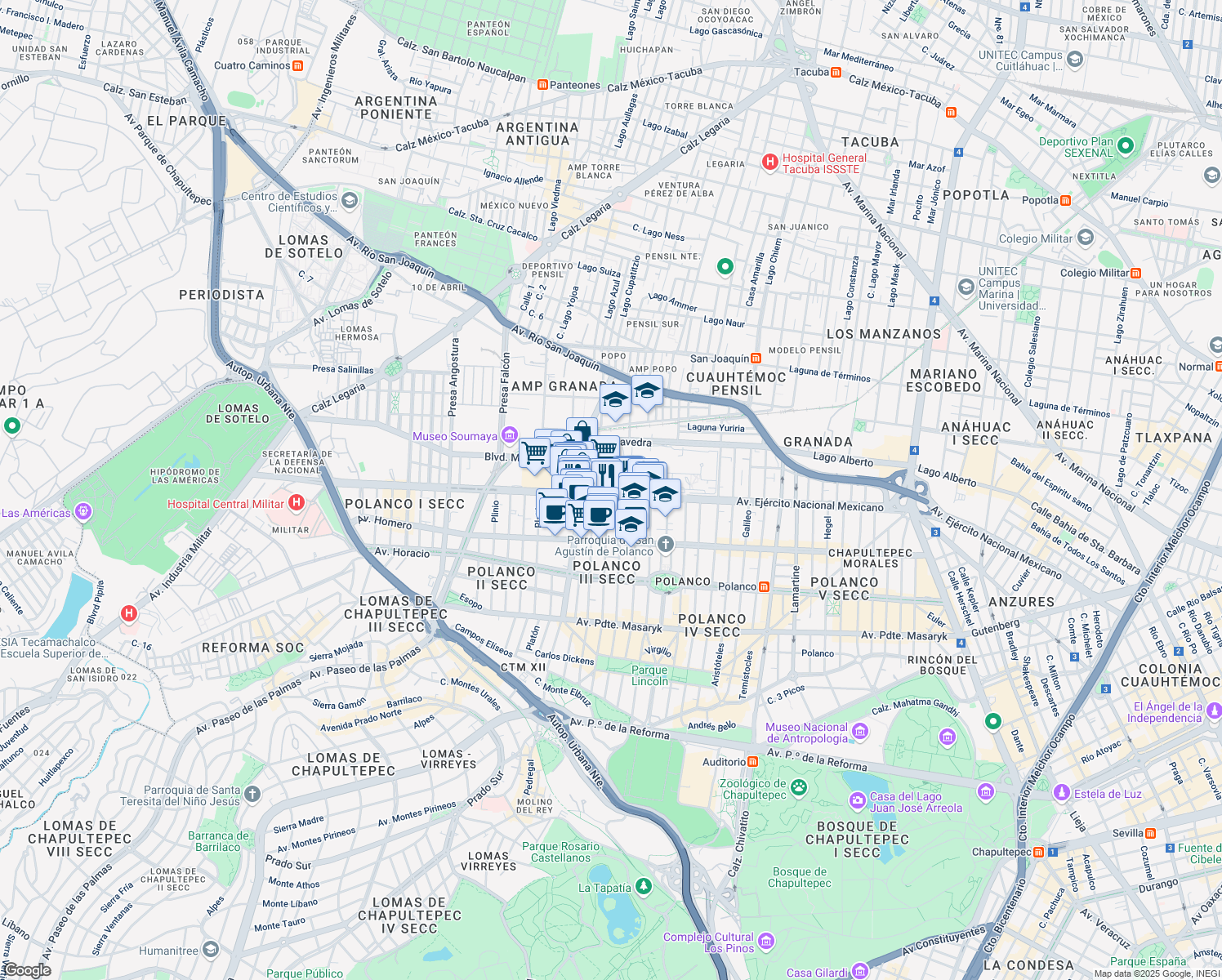 map of restaurants, bars, coffee shops, grocery stores, and more near 769 Avenida Ejército Nacional Mexicano in Ciudad de México