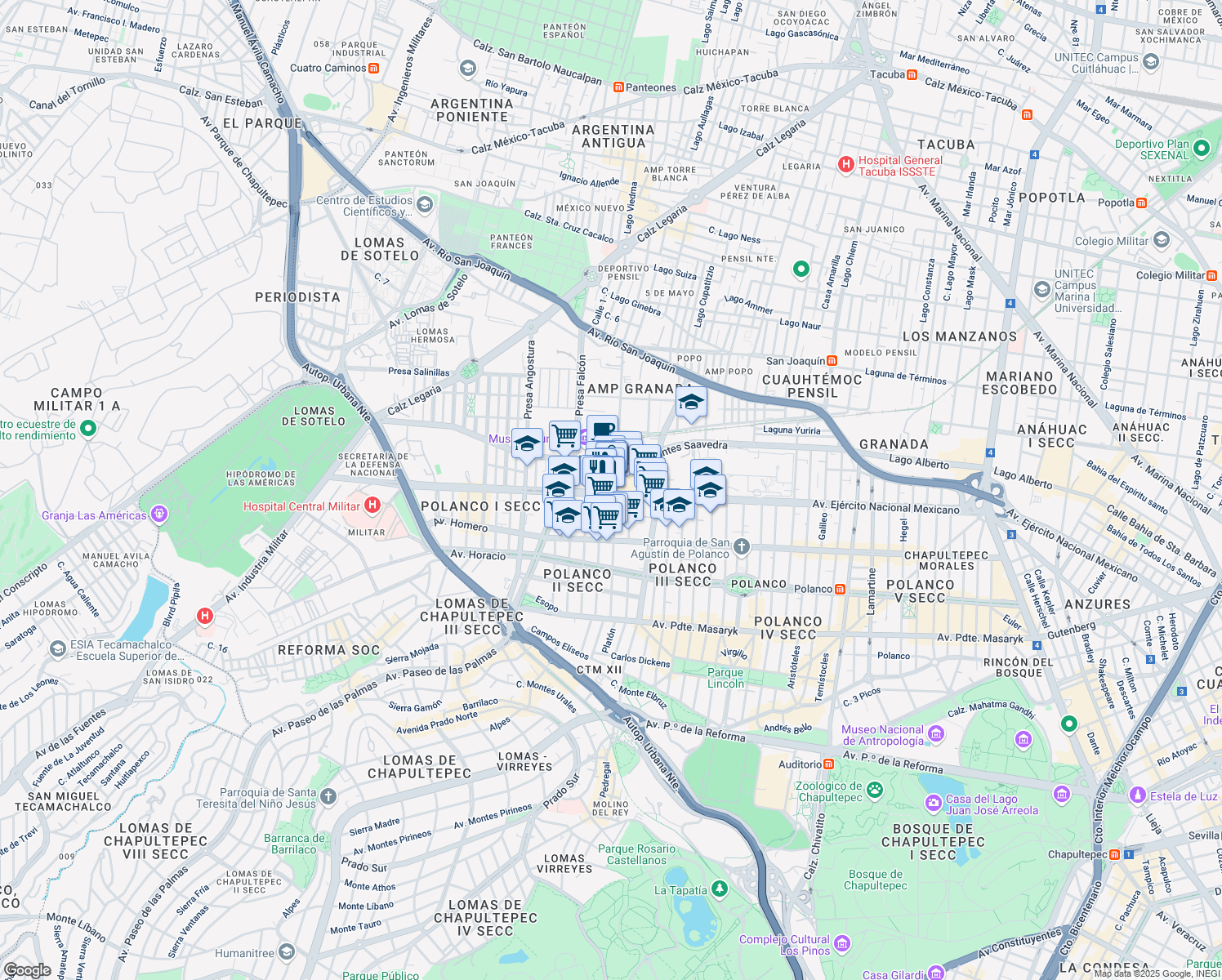 map of restaurants, bars, coffee shops, grocery stores, and more near 843-B Avenida Ejército Nacional in Ciudad de México