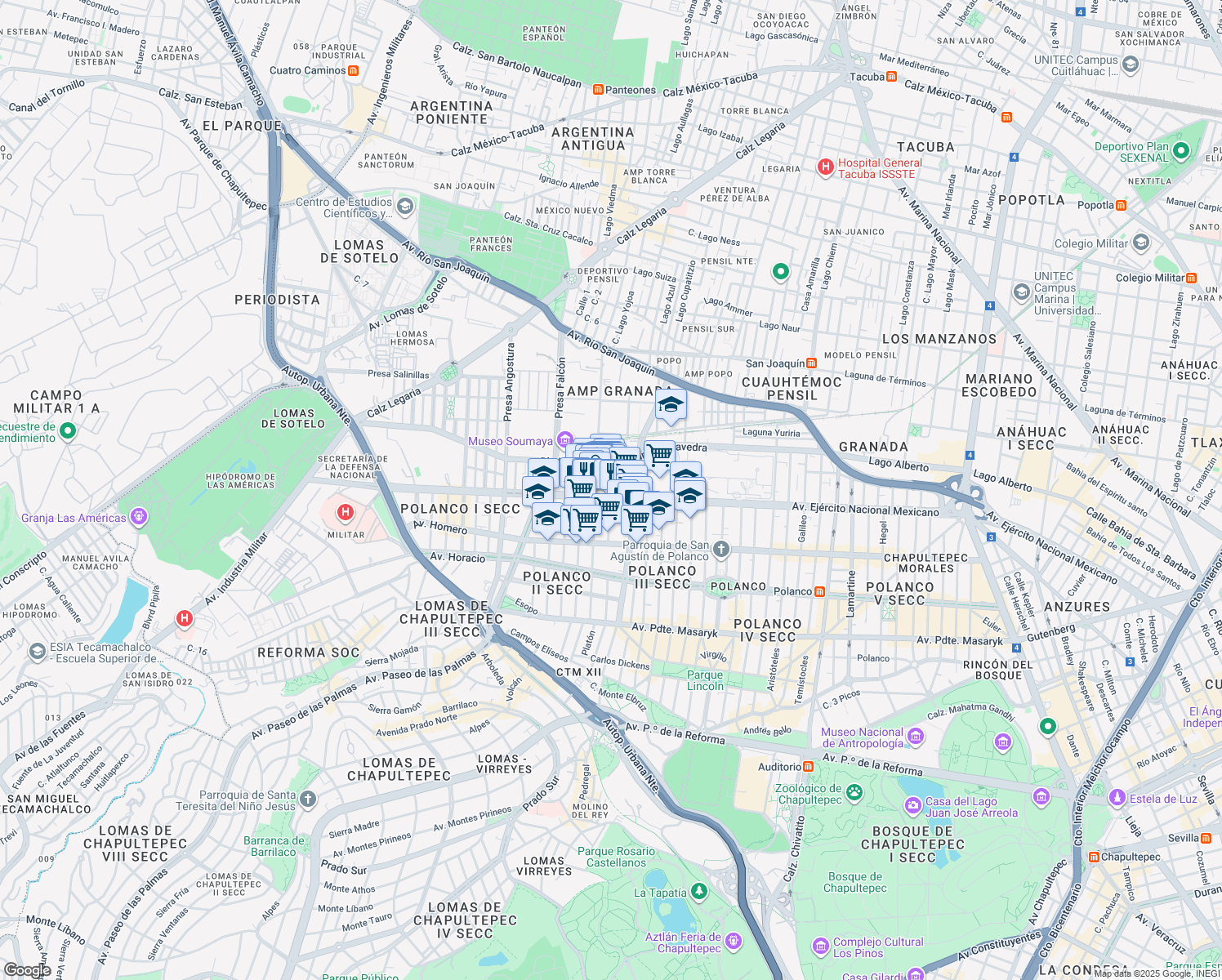 map of restaurants, bars, coffee shops, grocery stores, and more near 843-B Avenida Ejército Nacional Mexicano in Ciudad de México