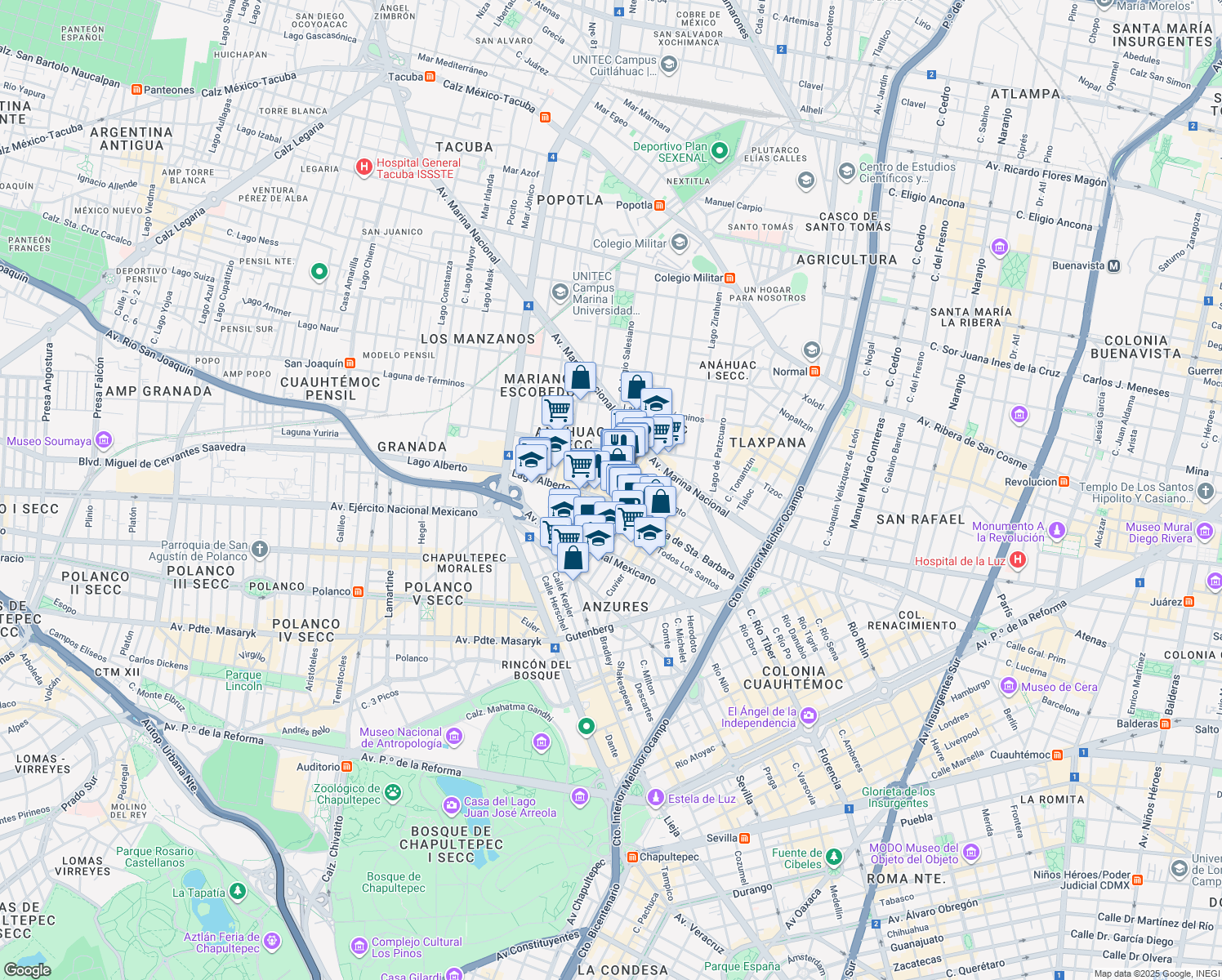 map of restaurants, bars, coffee shops, grocery stores, and more near 442 Lago Alberto in Ciudad de México