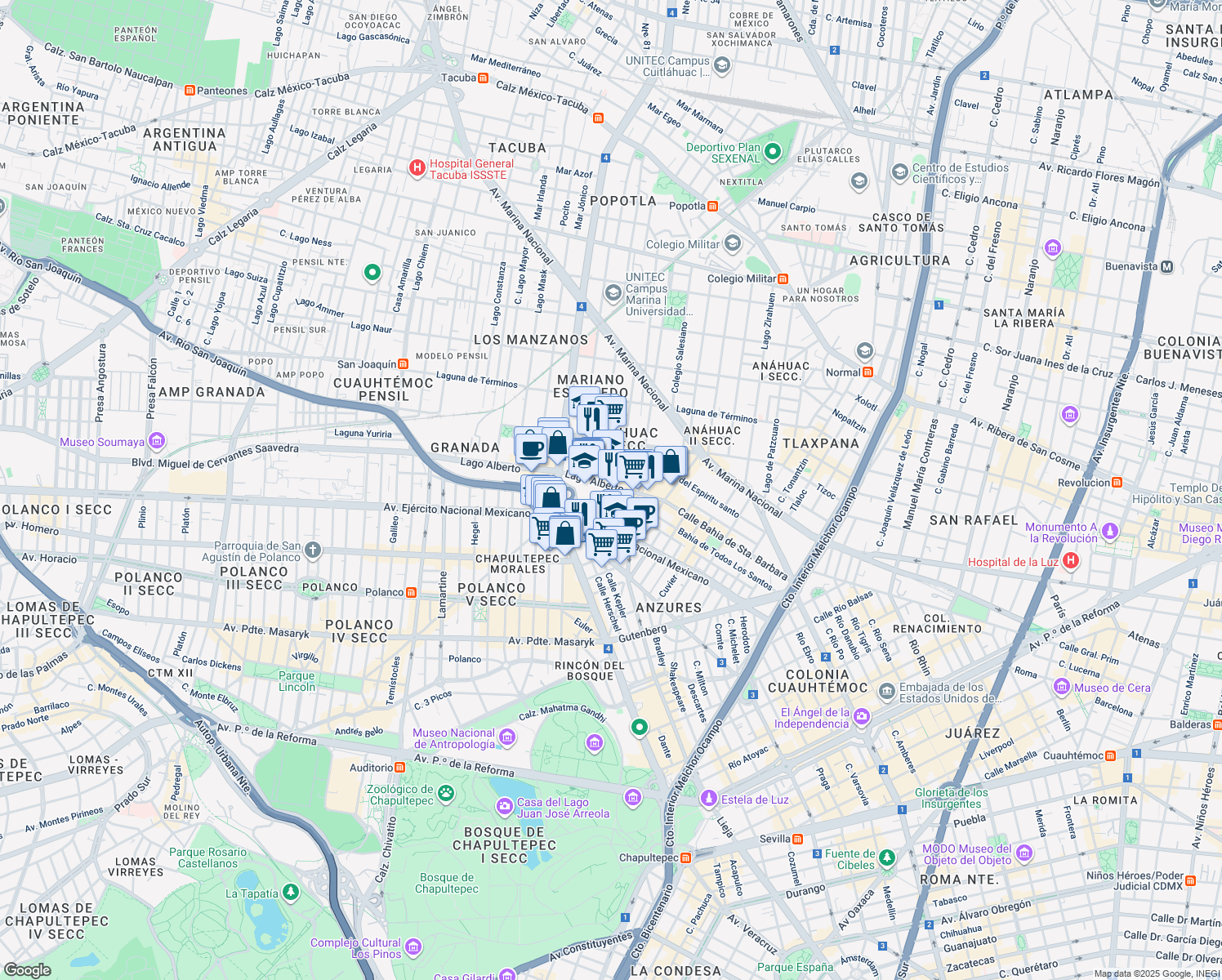 map of restaurants, bars, coffee shops, grocery stores, and more near 369 Lago Alberto in Ciudad de México