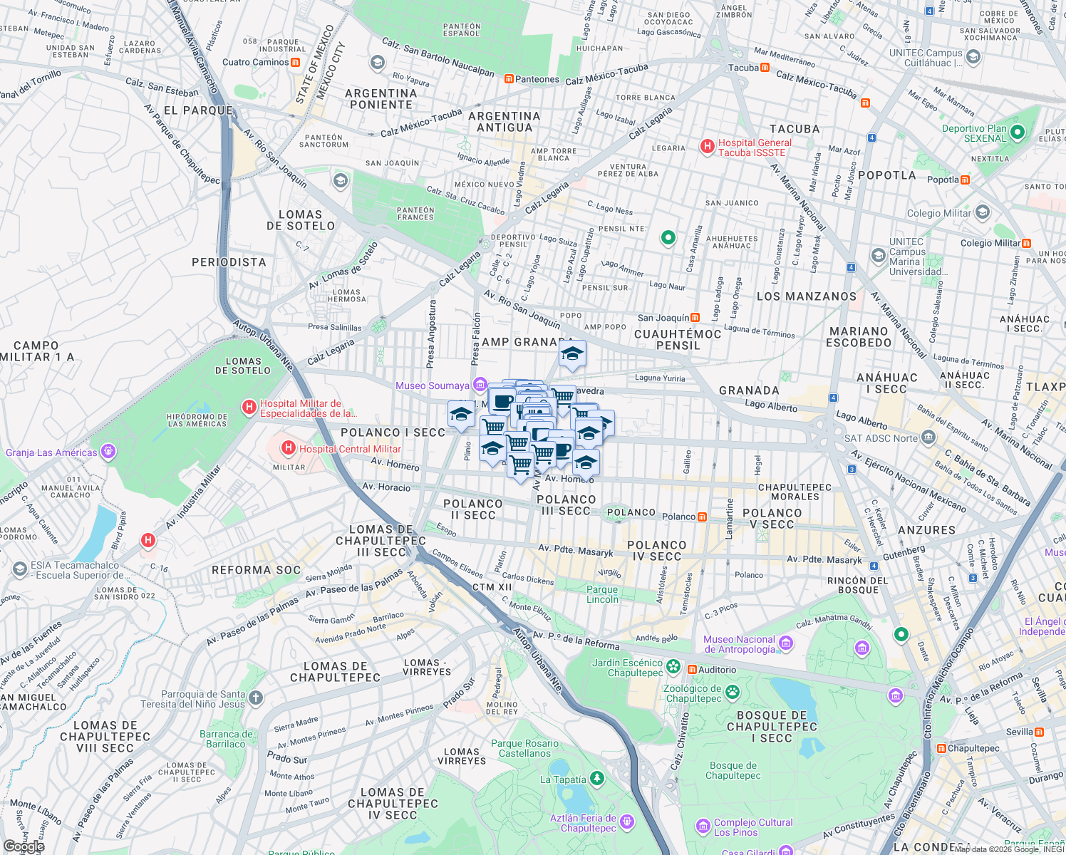 map of restaurants, bars, coffee shops, grocery stores, and more near in Mexico City