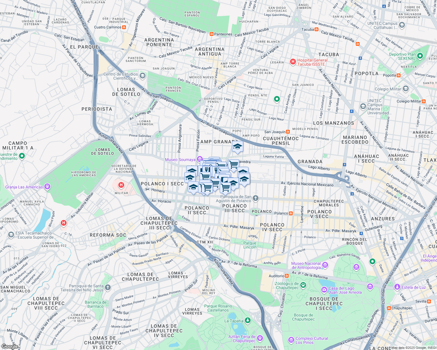 map of restaurants, bars, coffee shops, grocery stores, and more near 843-B Avenida Ejército Nacional Mexicano in Ciudad de México