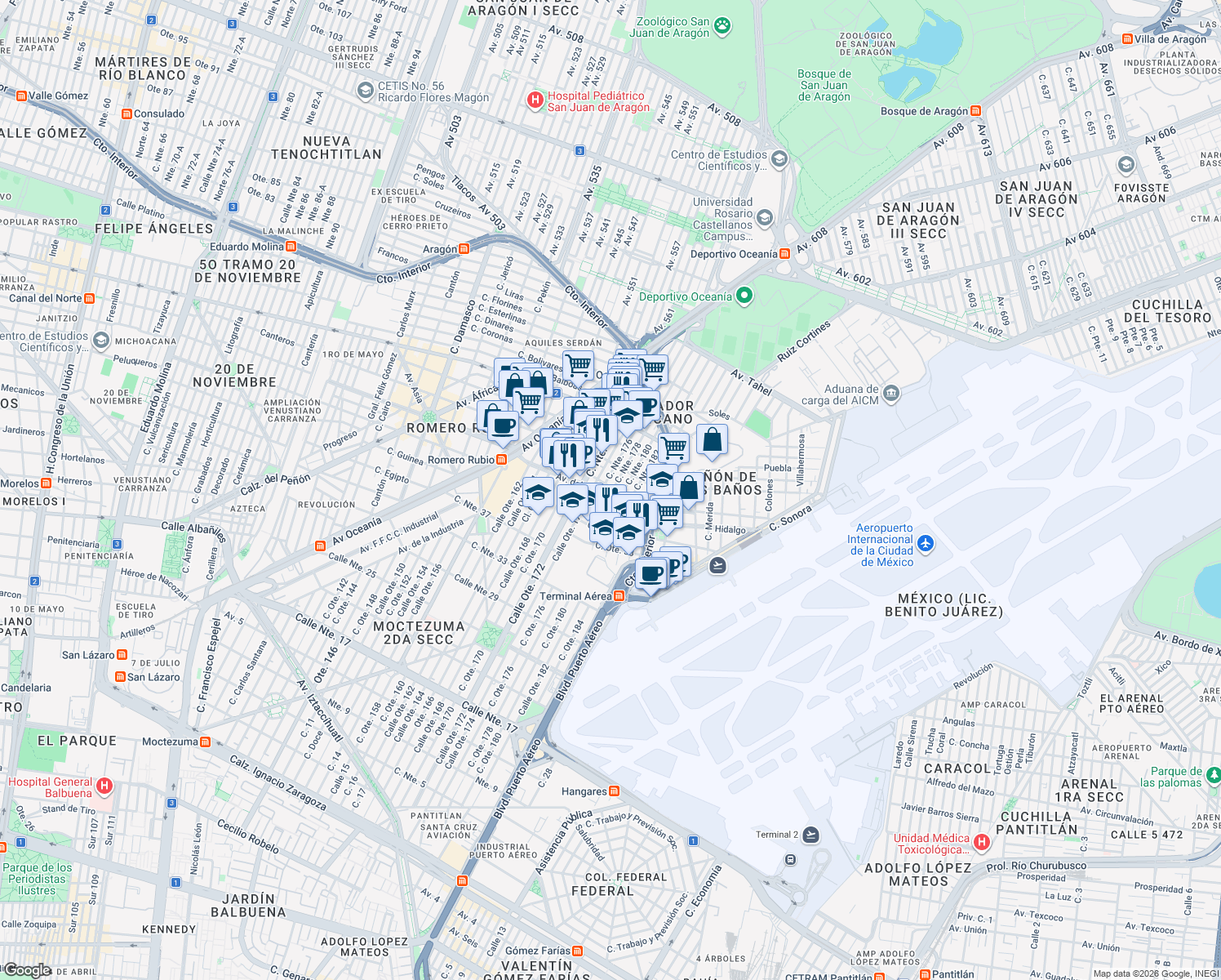 map of restaurants, bars, coffee shops, grocery stores, and more near 466 Avenida del Peñón in Ciudad de México