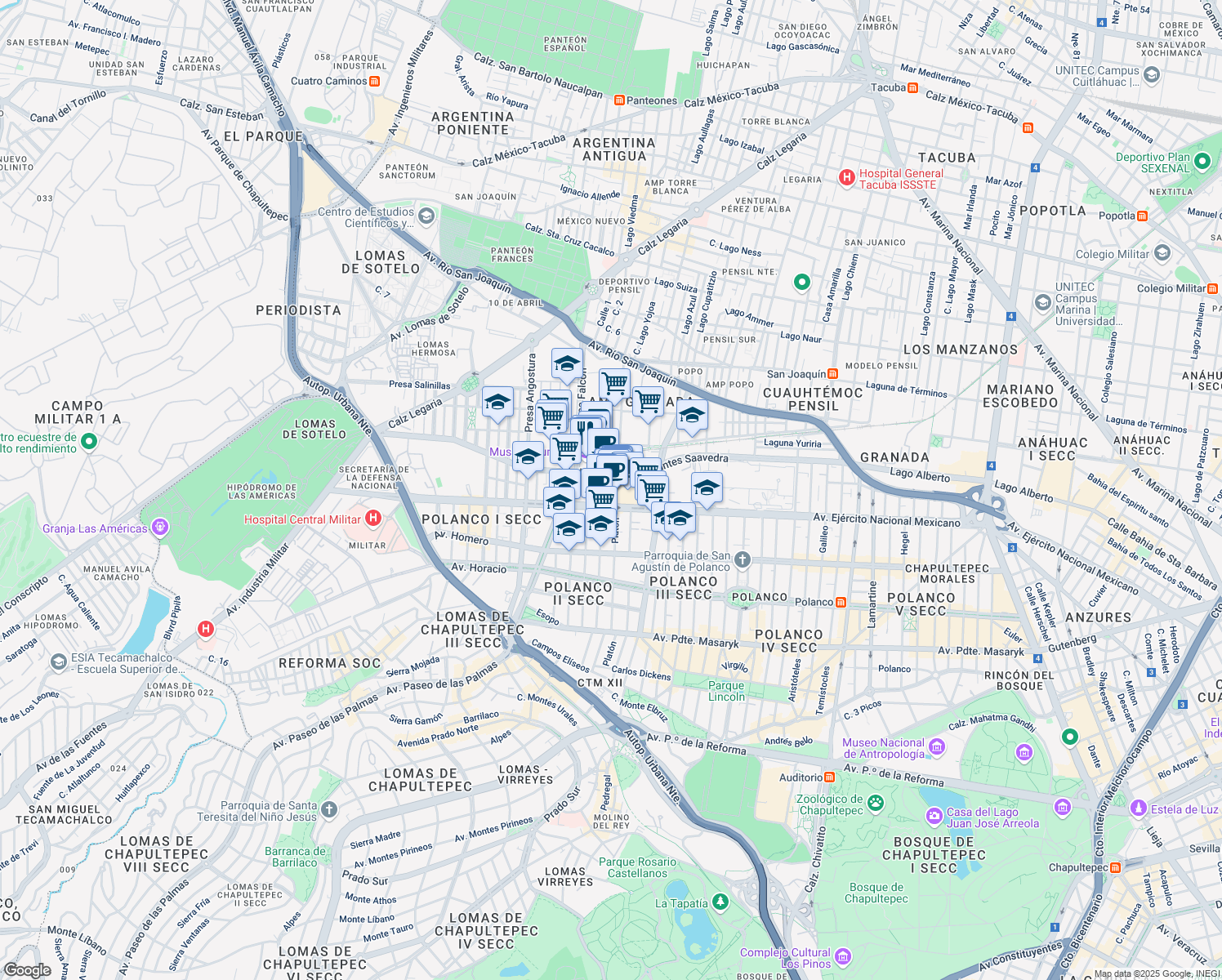 map of restaurants, bars, coffee shops, grocery stores, and more near 843-B Avenida Ejército Nacional in Ciudad de México