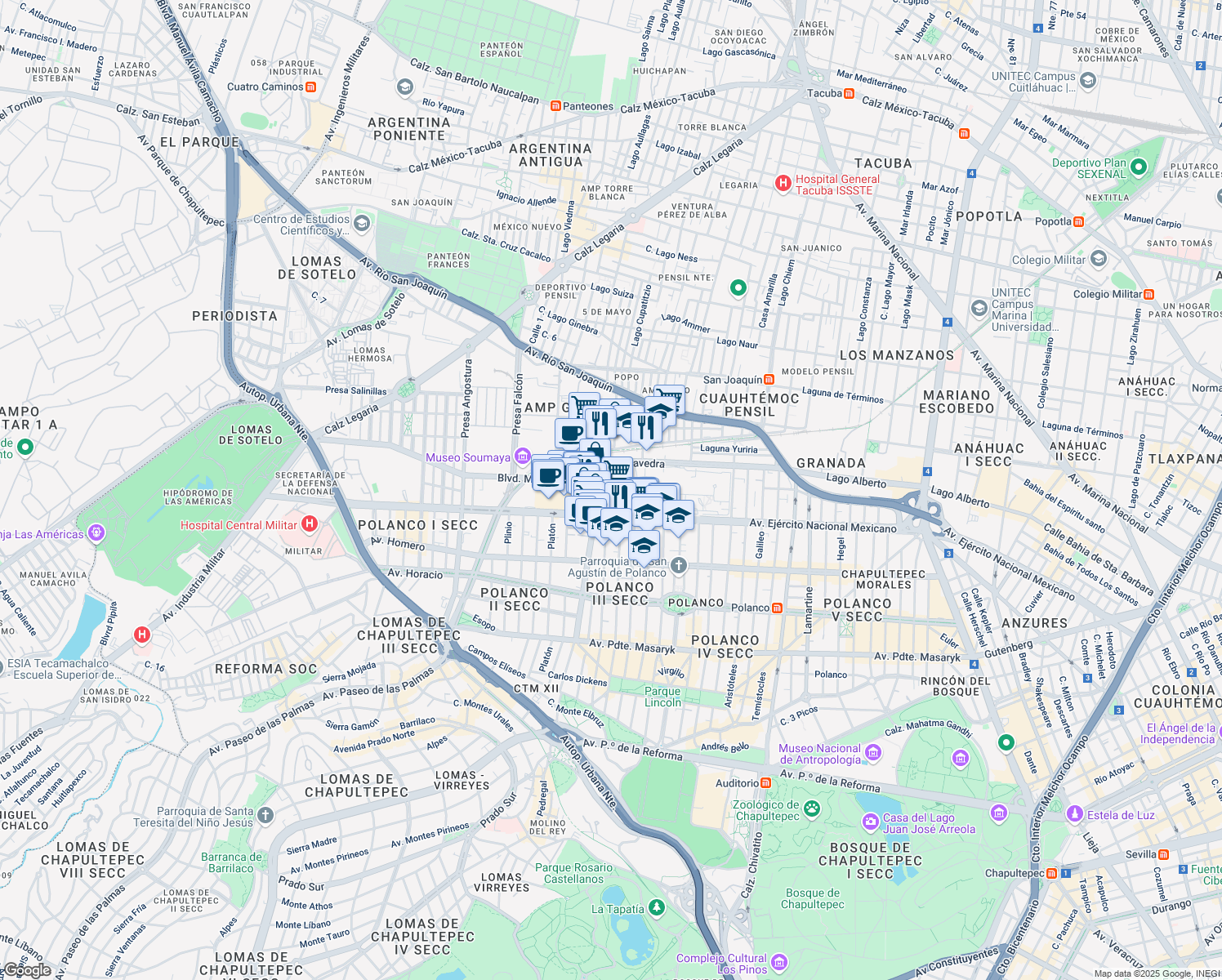 map of restaurants, bars, coffee shops, grocery stores, and more near 769 Avenida Ejército Nacional in Ciudad de México