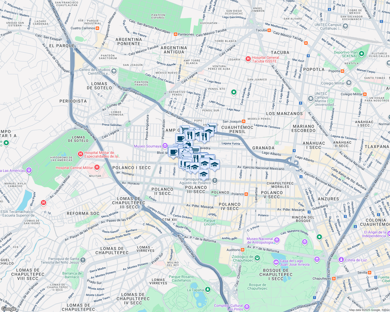 map of restaurants, bars, coffee shops, grocery stores, and more near 769 Avenida Ejército Nacional in Ciudad de México