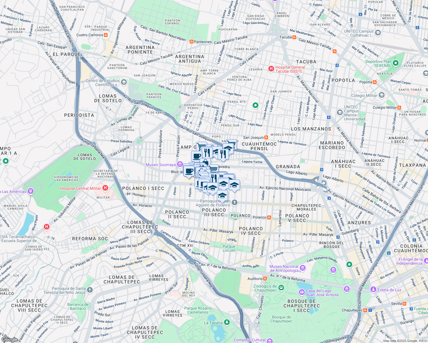 map of restaurants, bars, coffee shops, grocery stores, and more near 769 Avenida Ejército Nacional in Ciudad de México