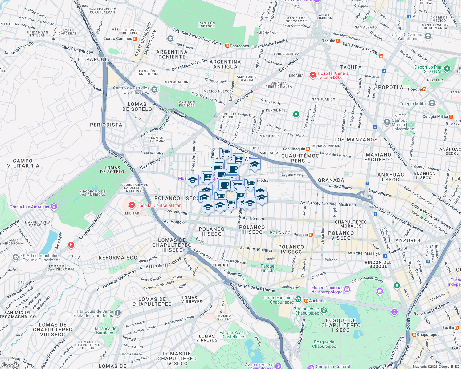 map of restaurants, bars, coffee shops, grocery stores, and more near 301 Boulevard Miguel de Cervantes Saavedra in Ciudad de México