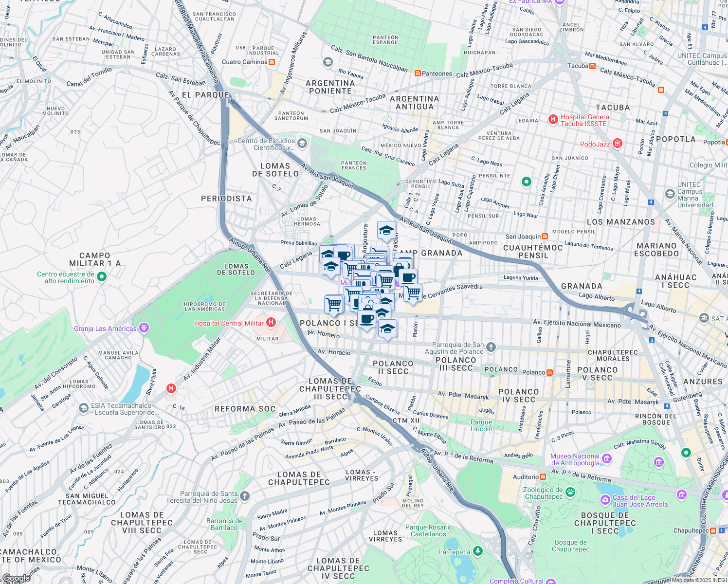 map of restaurants, bars, coffee shops, grocery stores, and more near 251 Boulevard Miguel de Cervantes Saavedra in Ciudad de México