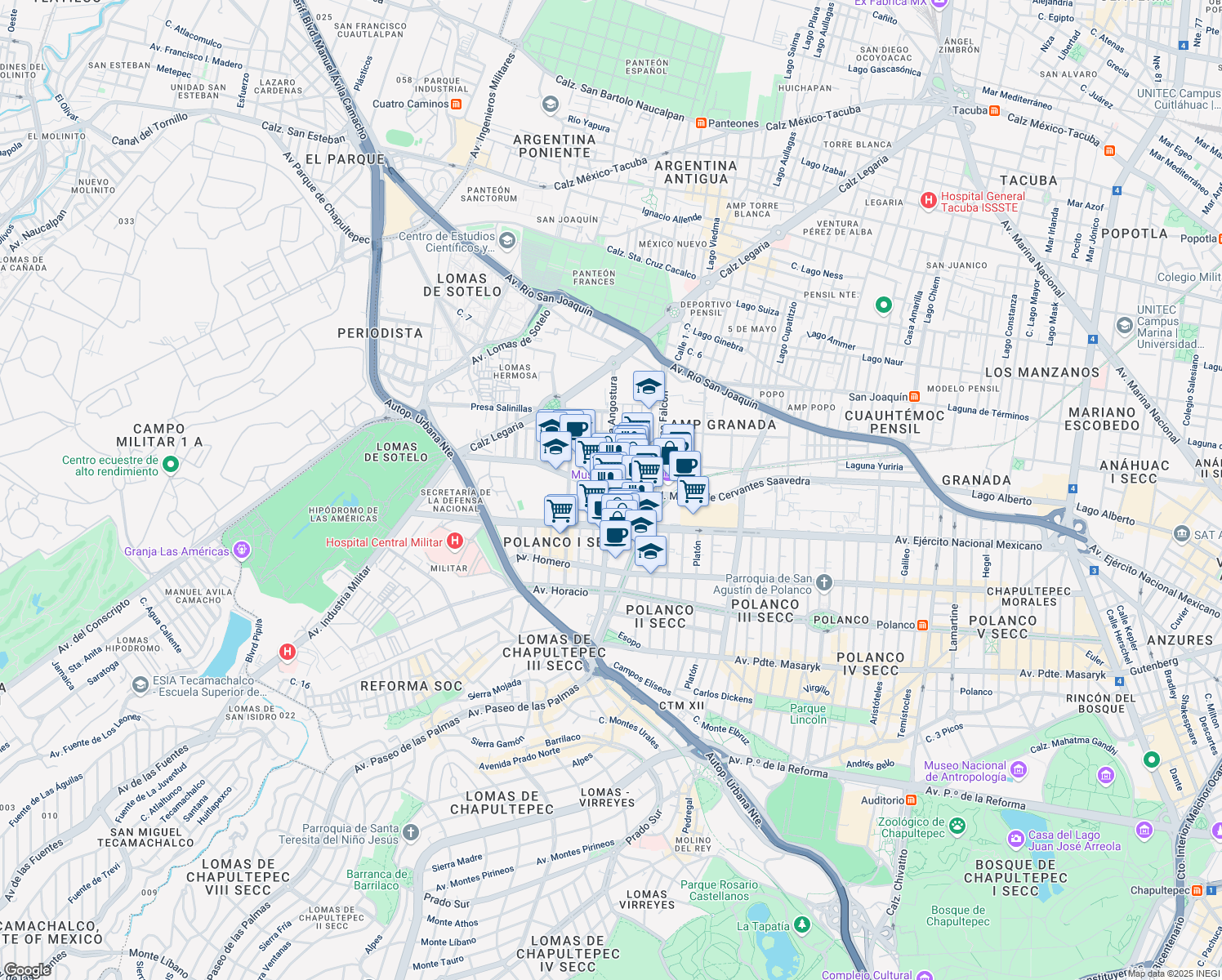 map of restaurants, bars, coffee shops, grocery stores, and more near 251 Boulevard Miguel de Cervantes Saavedra in Ciudad de México
