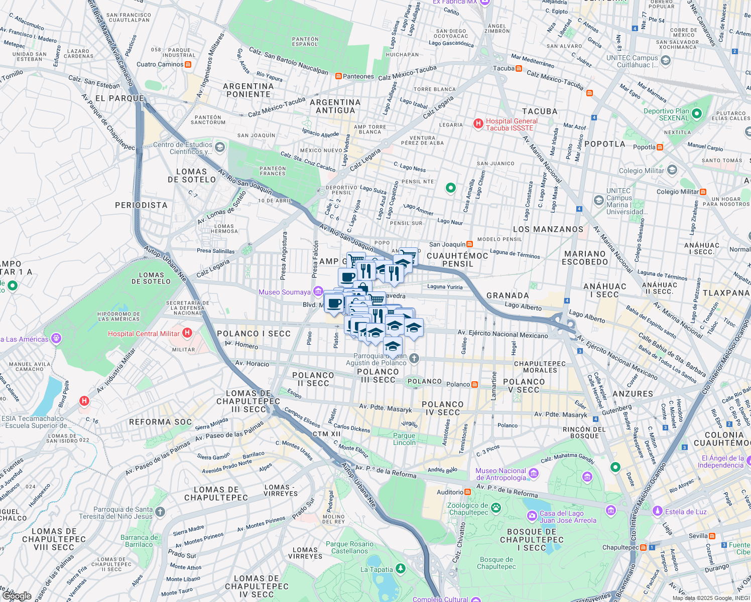 map of restaurants, bars, coffee shops, grocery stores, and more near 769 Avenida Ejército Nacional Mexicano in Ciudad de México