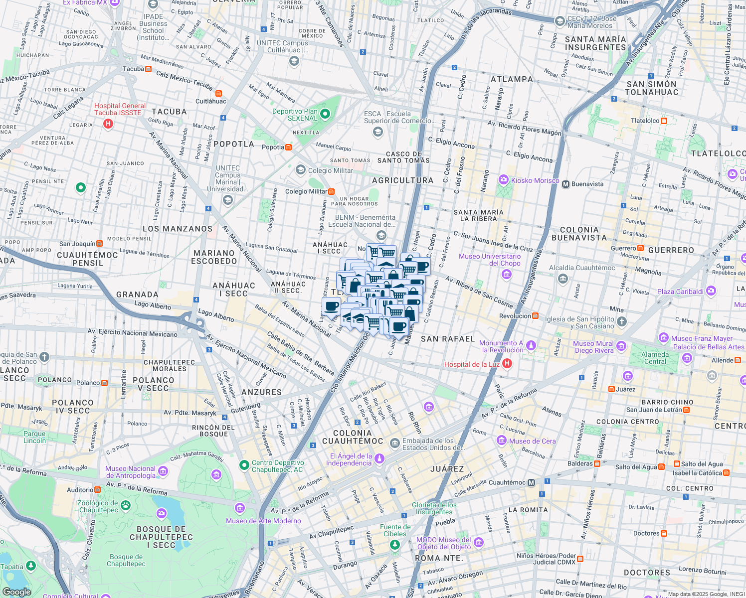 map of restaurants, bars, coffee shops, grocery stores, and more near 67 Nezahualpilli in Ciudad de México