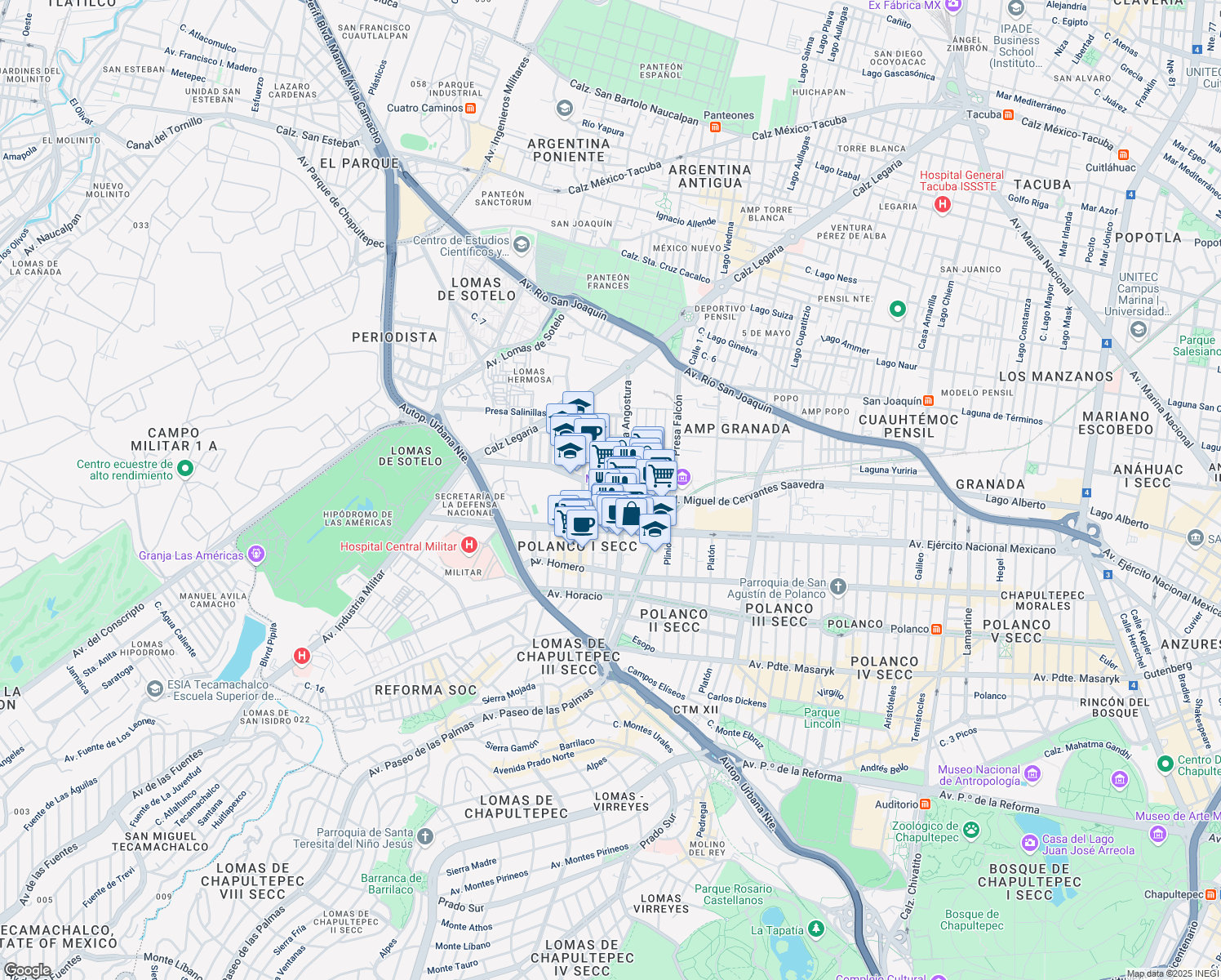 map of restaurants, bars, coffee shops, grocery stores, and more near 169 Miguel de Cervantes Saavedra in Ciudad de México
